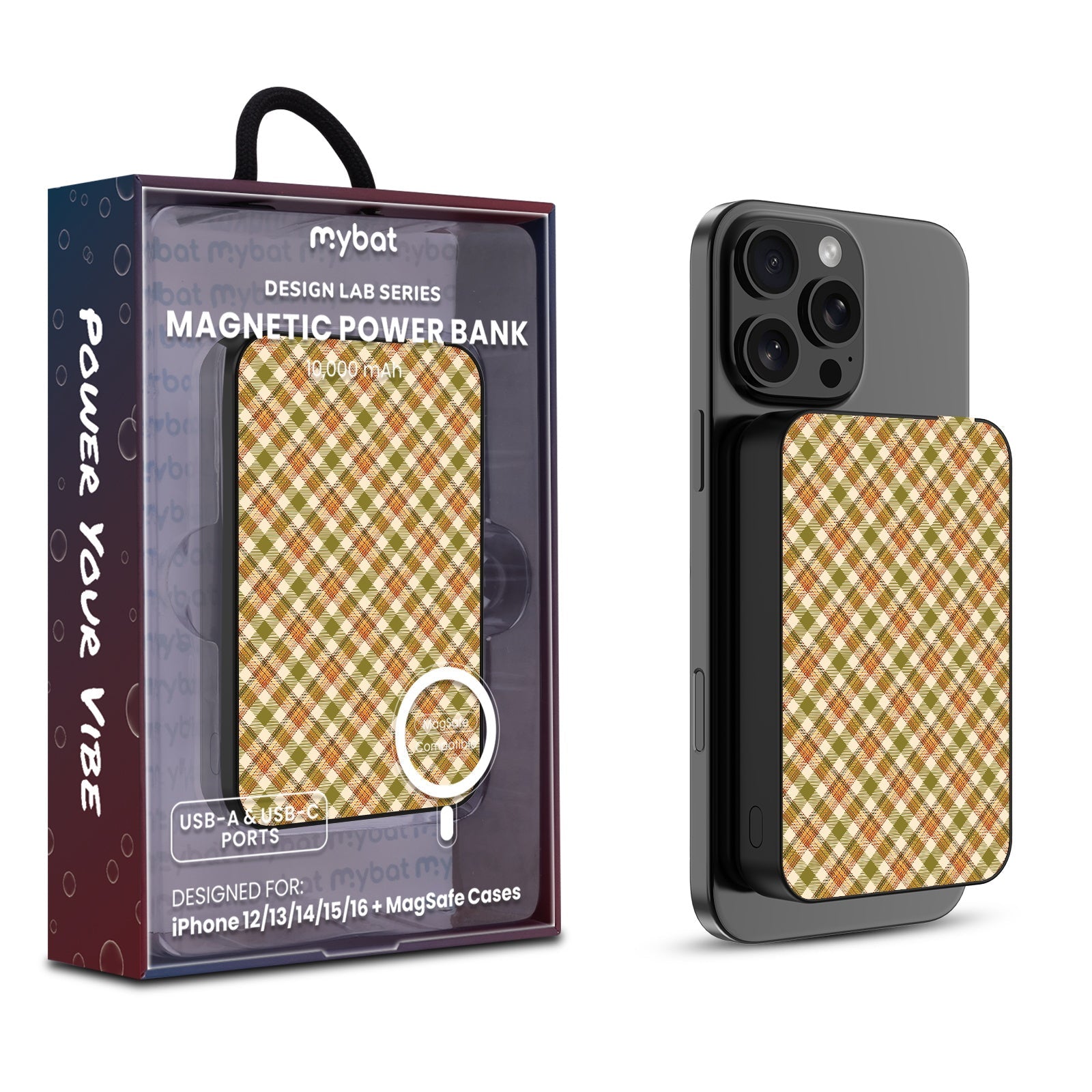 MyBat Design Lab 10000mAh Magnetic Wireless Power Bank - Black - Autumn Tartan