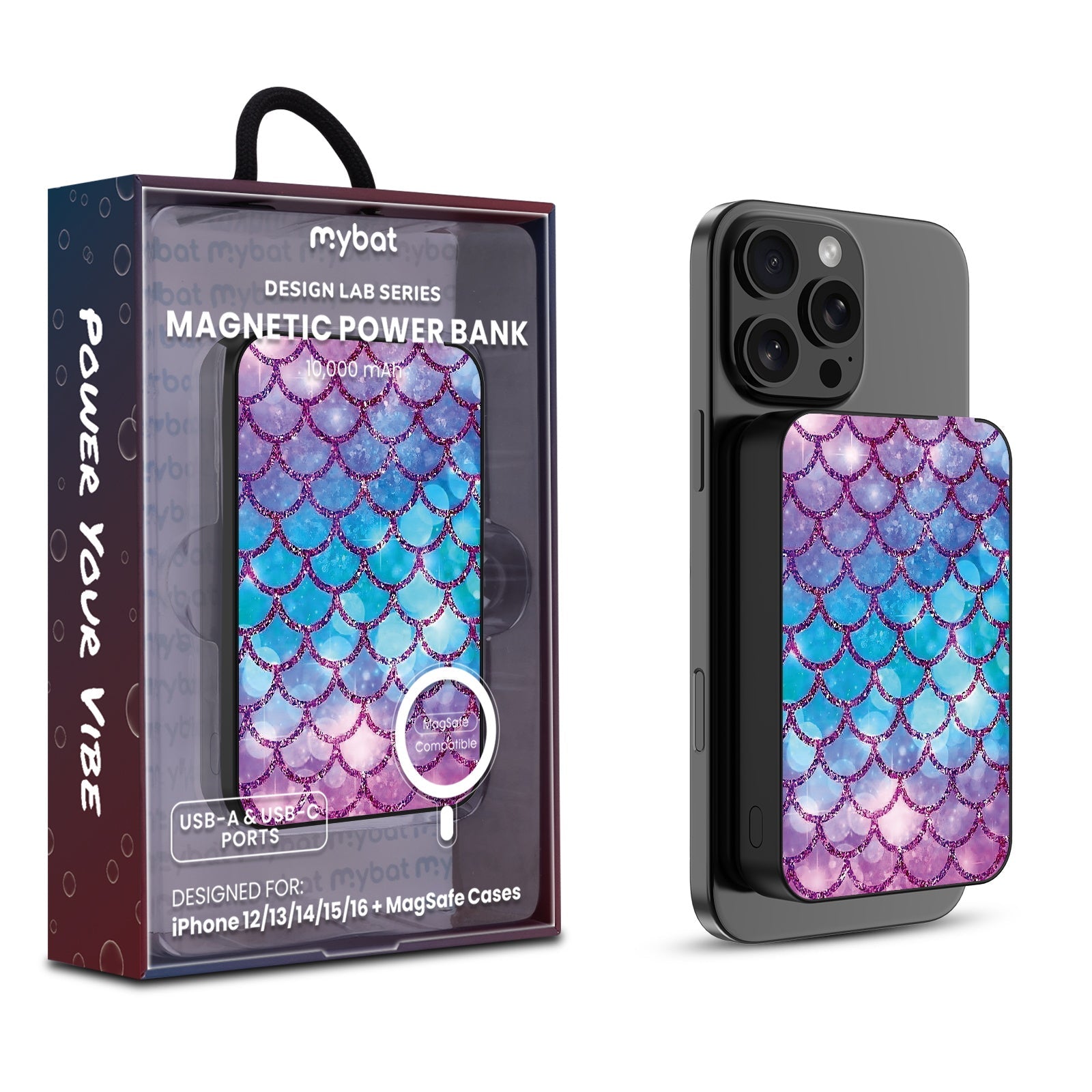 MyBat Design Lab 10000mAh Magnetic Wireless Power Bank - Black - Mermaid Scales