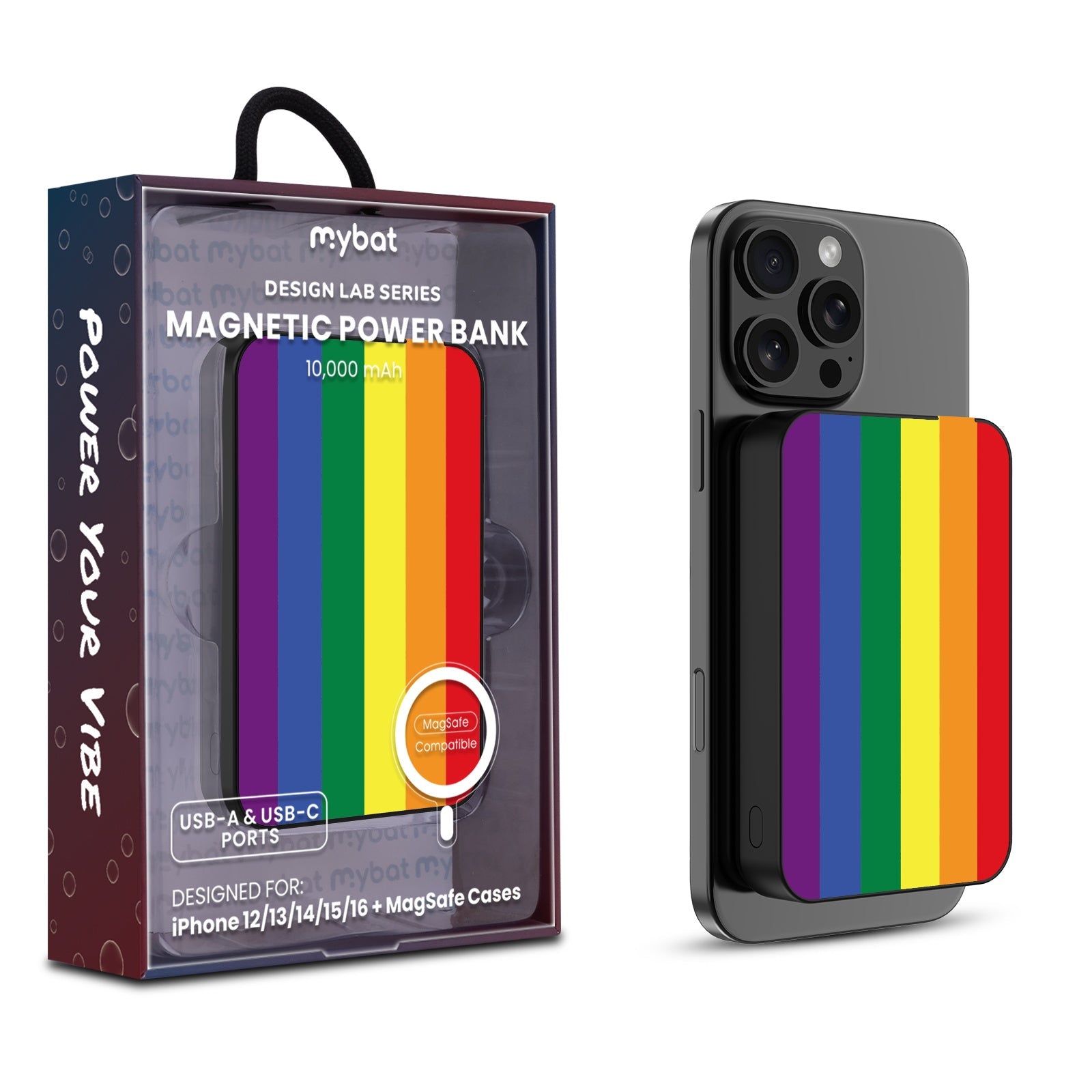 MyBat Design Lab 10000mAh Magnetic Wireless Power Bank - Black - Rainbow Stripes