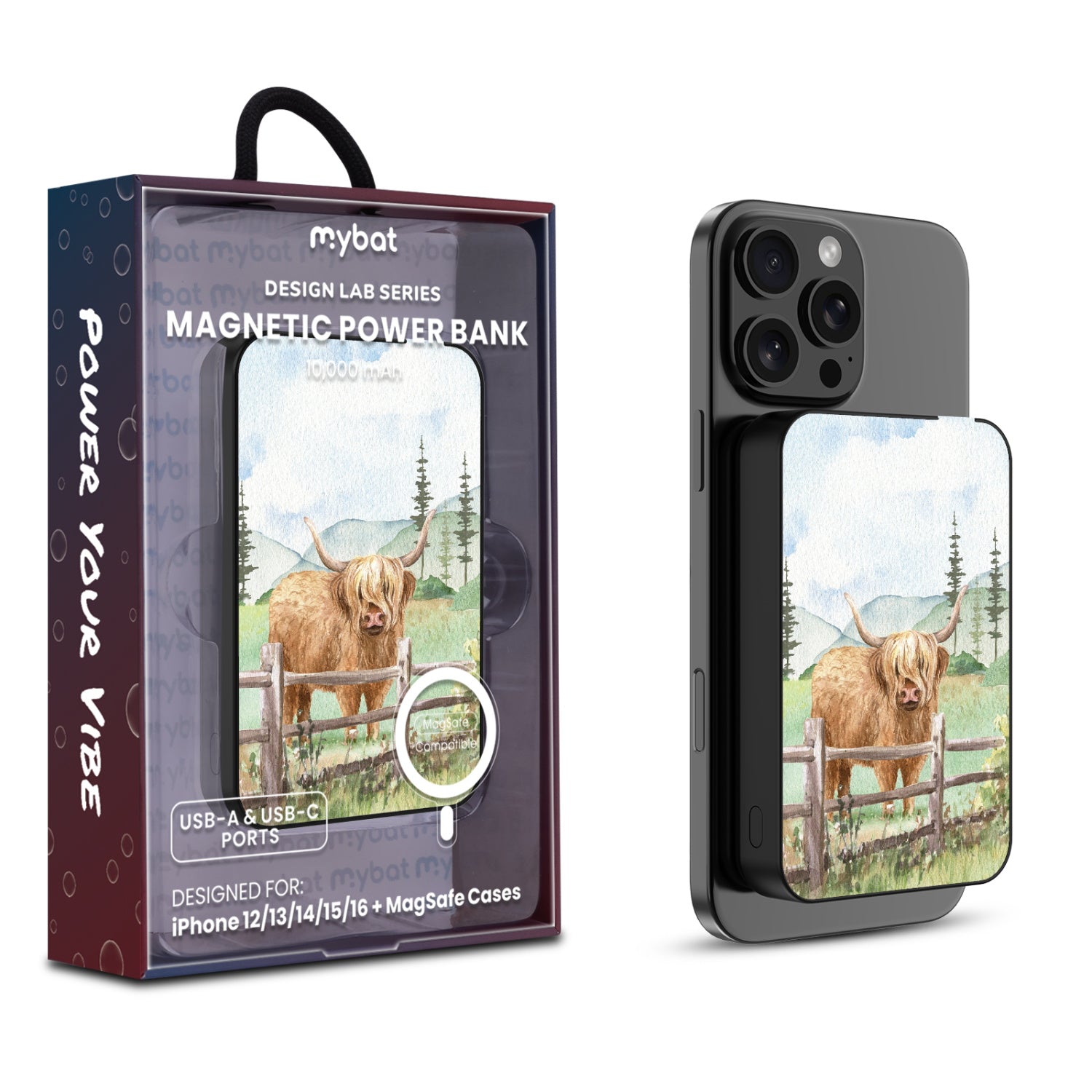 MyBat Design Lab 10000mAh Magnetic Wireless Power Bank - Black - Highland Cow - MPBBAT141-BK-470-1.jpg