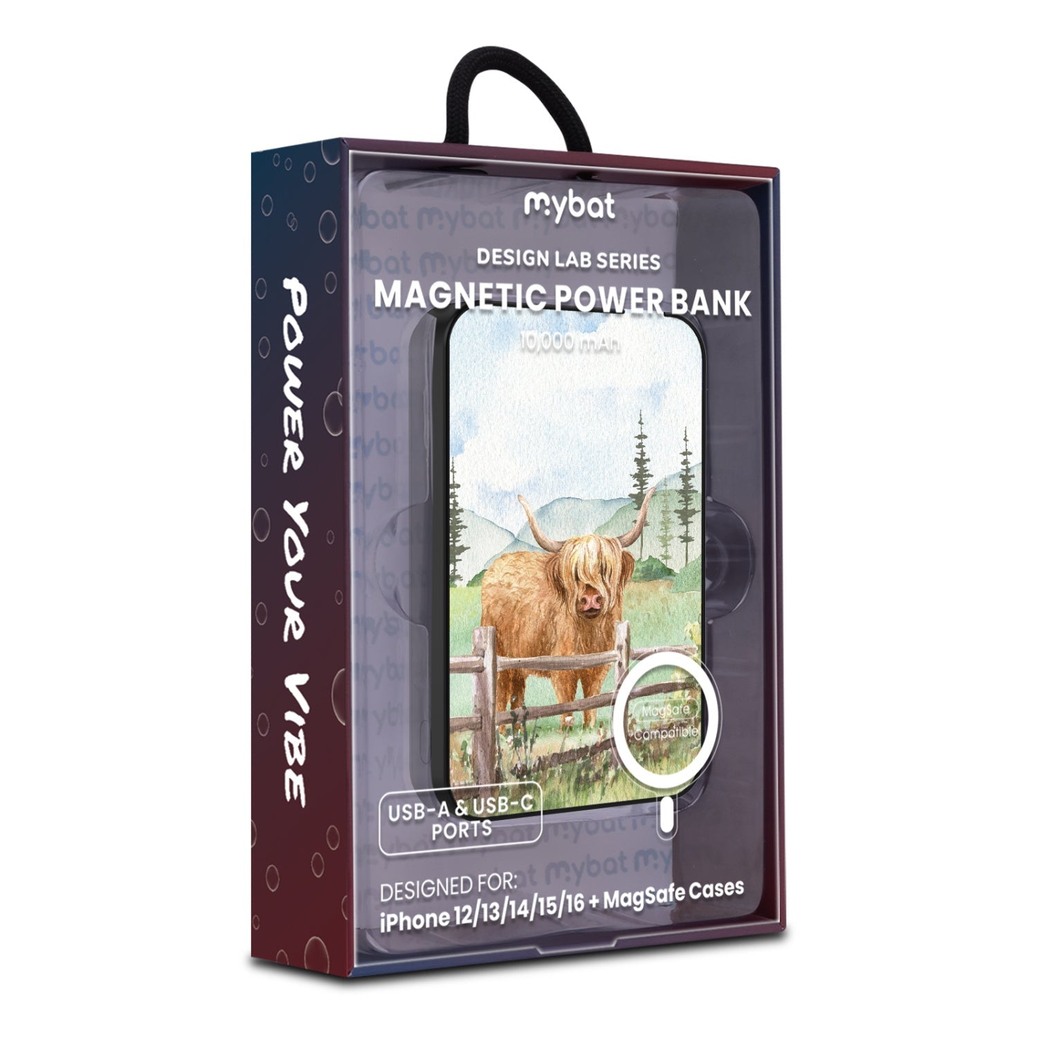 MyBat Design Lab 10000mAh Magnetic Wireless Power Bank - Black - Highland Cow