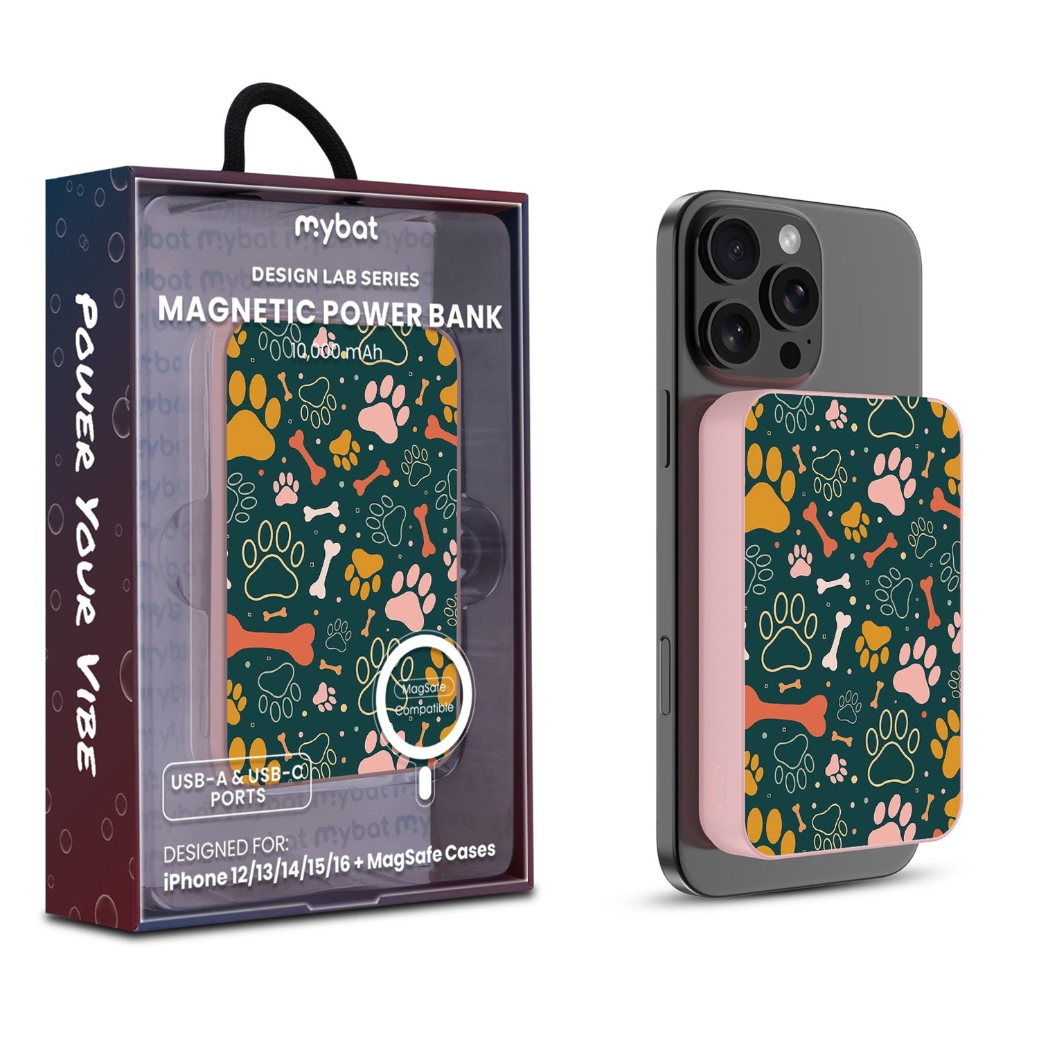 MyBat Design Lab 10000mAh Magnetic Wireless Power Bank - Pink - Paw Prints & Bones - MPBBAT143-PK-003-1.jpg