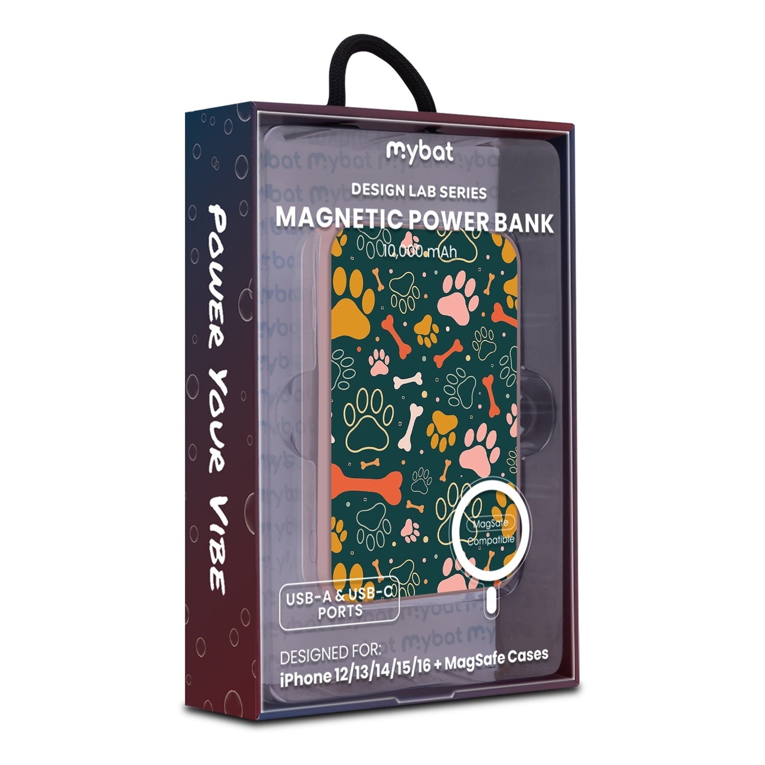 MyBat Design Lab 10000mAh Magnetic Wireless Power Bank - Pink - Paw Prints & Bones