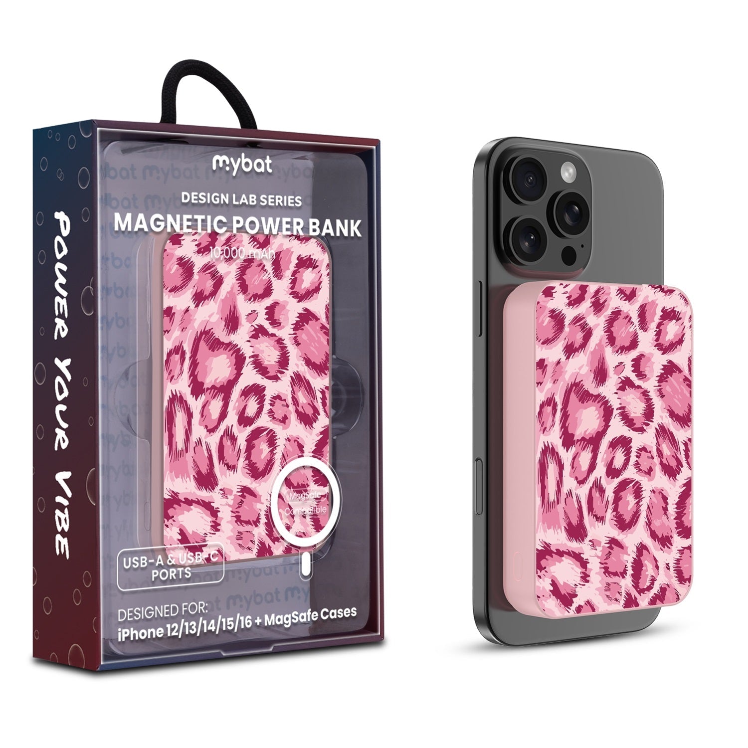 MyBat Design Lab 10000mAh Magnetic Wireless Power Bank - Pink - Pink Leopard Print