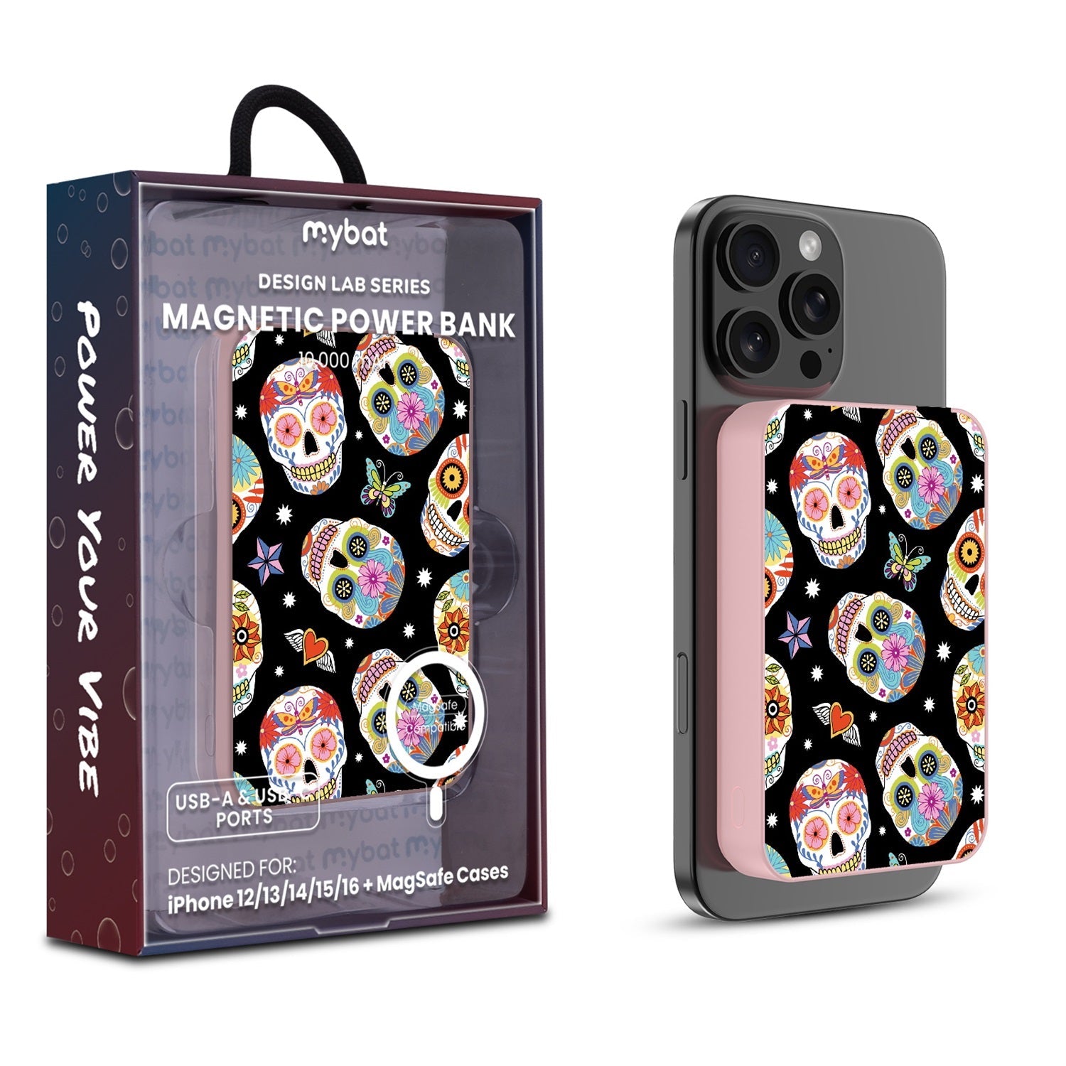 MyBat Design Lab 10000mAh Magnetic Wireless Power Bank - Pink - Day of the Dead