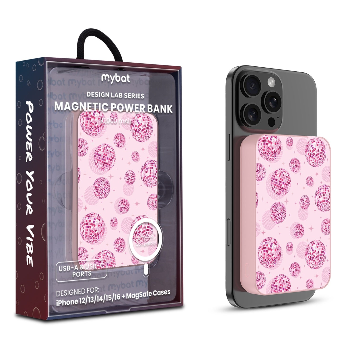 MyBat Design Lab 10000mAh Magnetic Wireless Power Bank - Pink - Disco Balls - MPBBAT143-PK-109-1.jpg