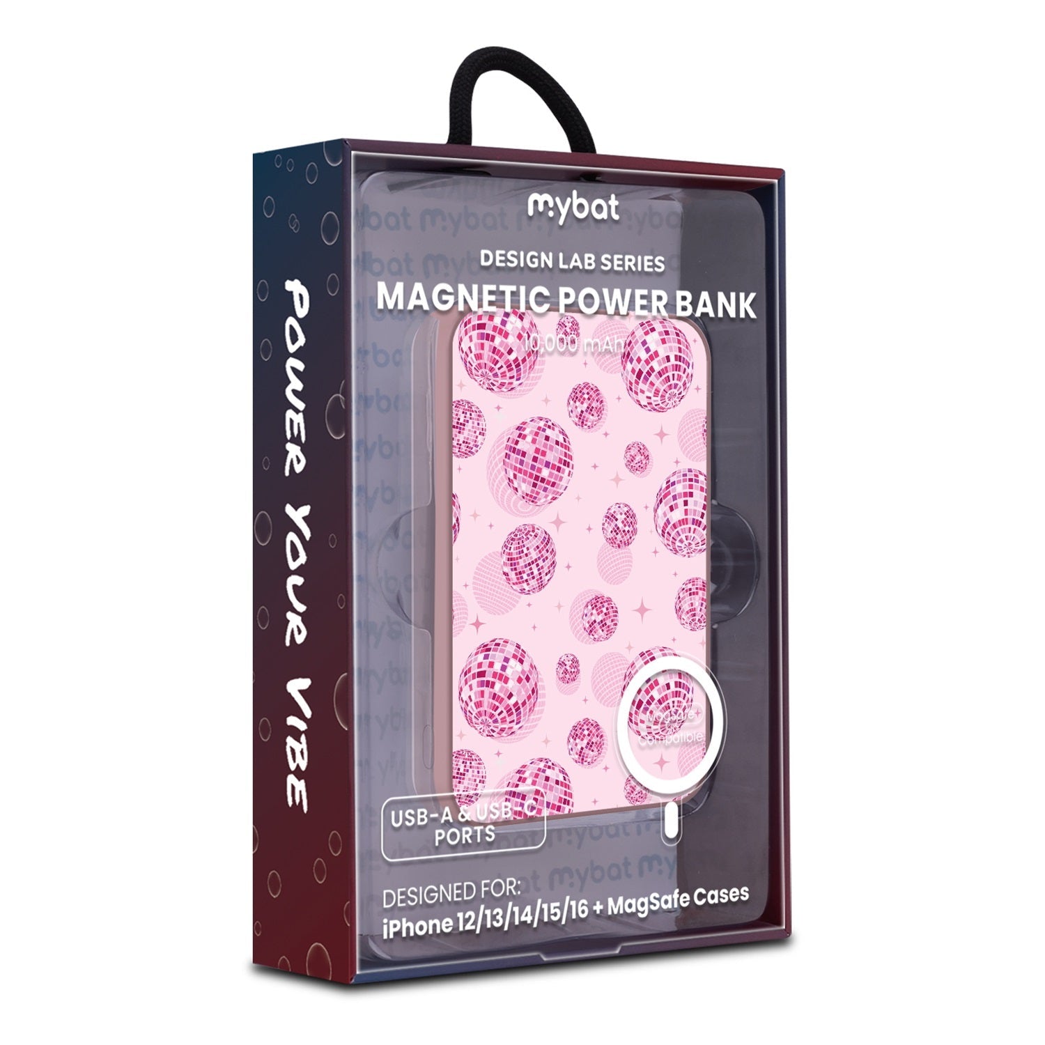 MyBat Design Lab 10000mAh Magnetic Wireless Power Bank - Pink - Disco Balls