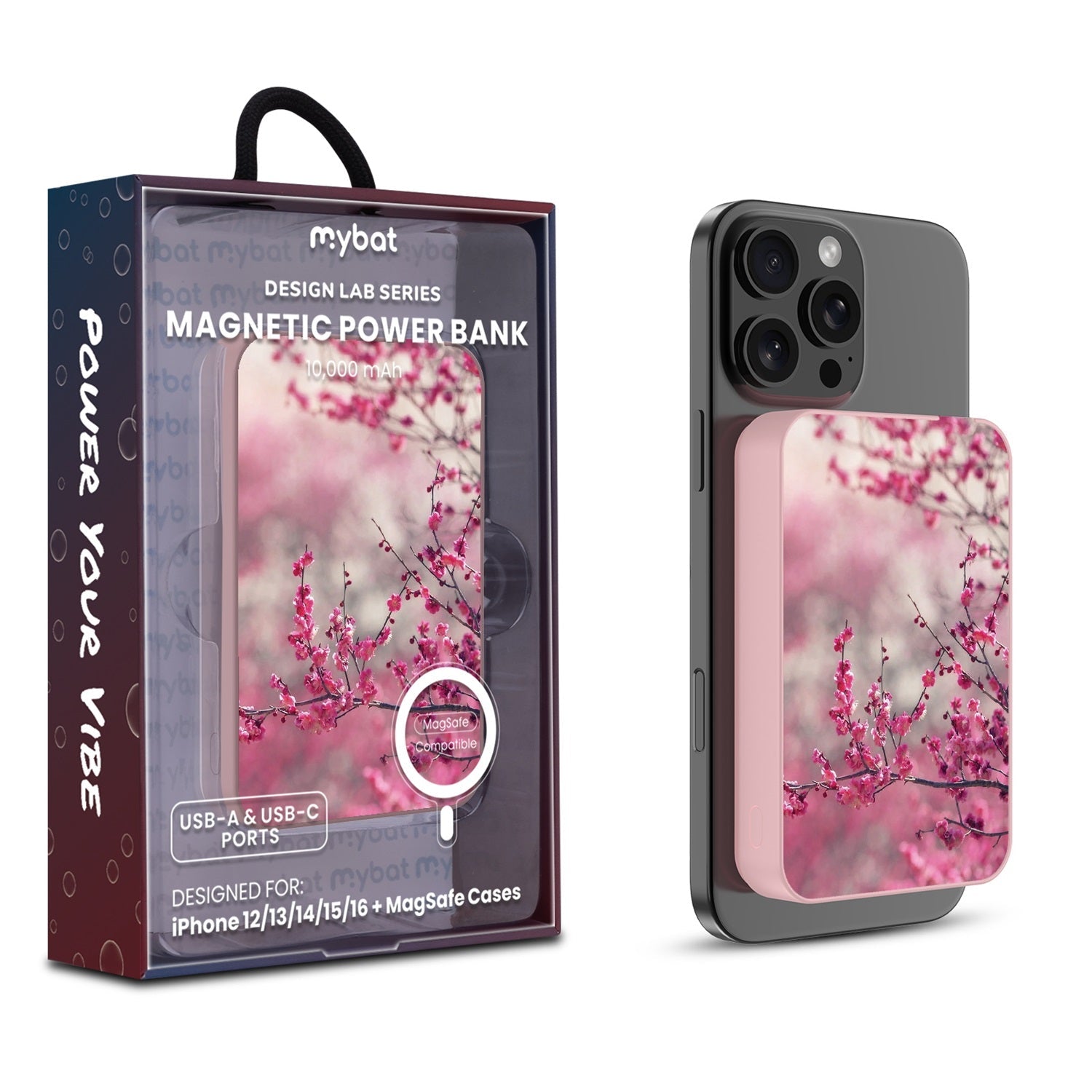 MyBat Design Lab 10000mAh Magnetic Wireless Power Bank - Pink - Sakura Blooms