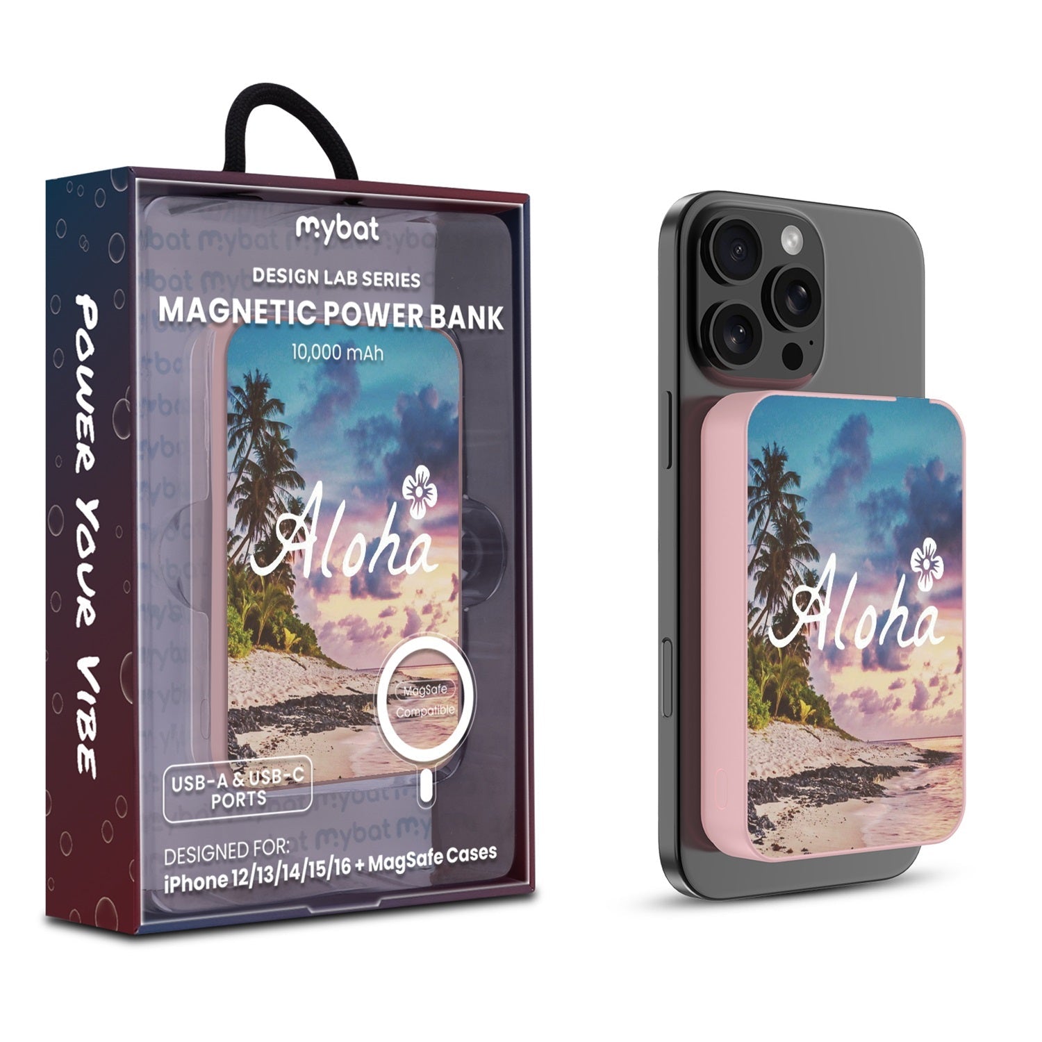 MyBat Design Lab 10000mAh Magnetic Wireless Power Bank - Pink - Aloha