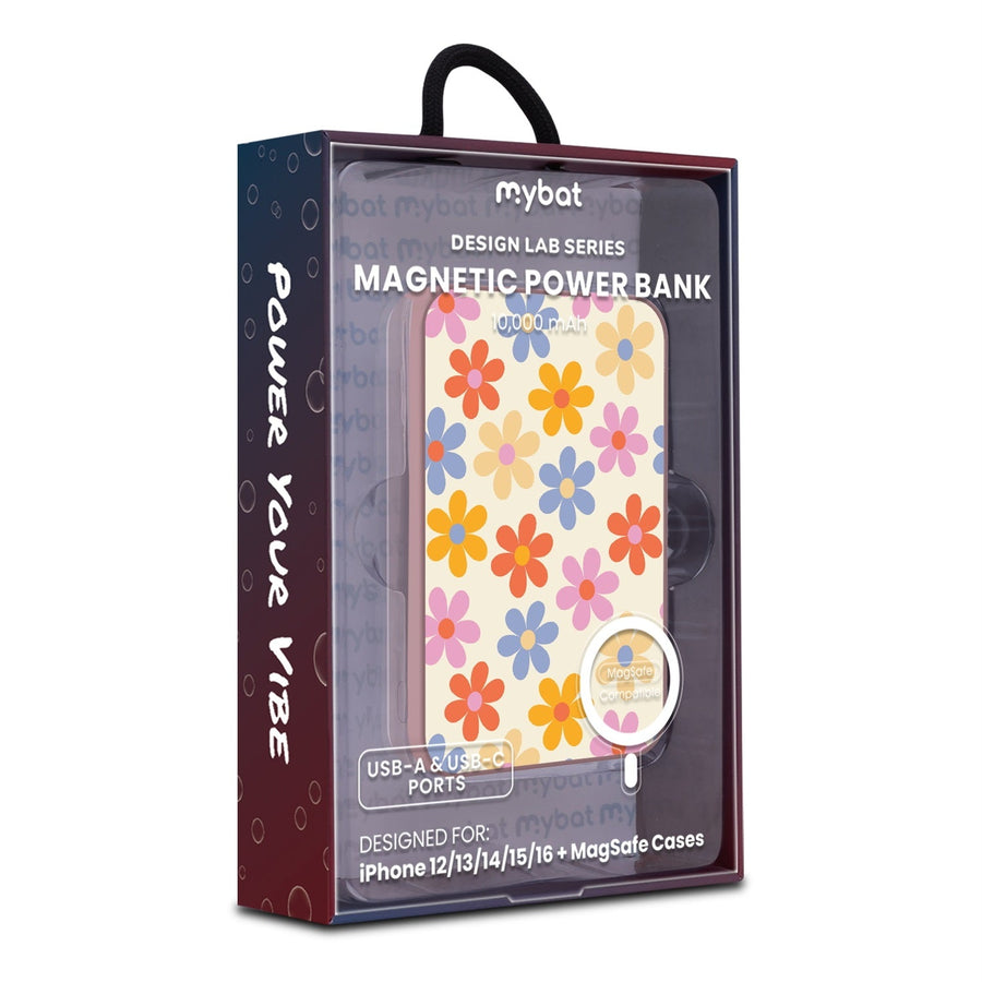 MyBat Design Lab 10000mAh Magnetic Wireless Power Bank - Pink - Retro Daisies