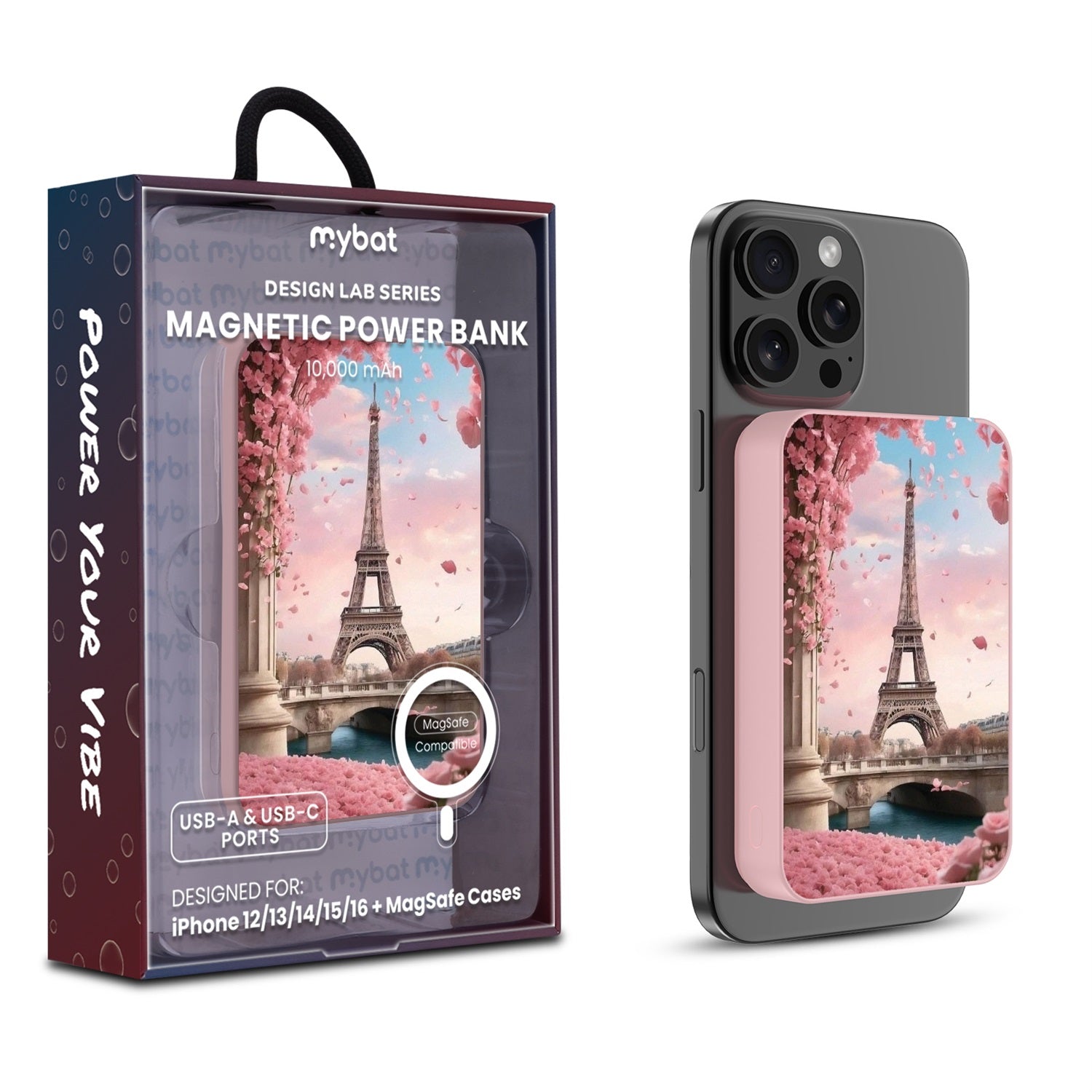 MyBat Design Lab 10000mAh Magnetic Wireless Power Bank - Pink - Paris In Bloom