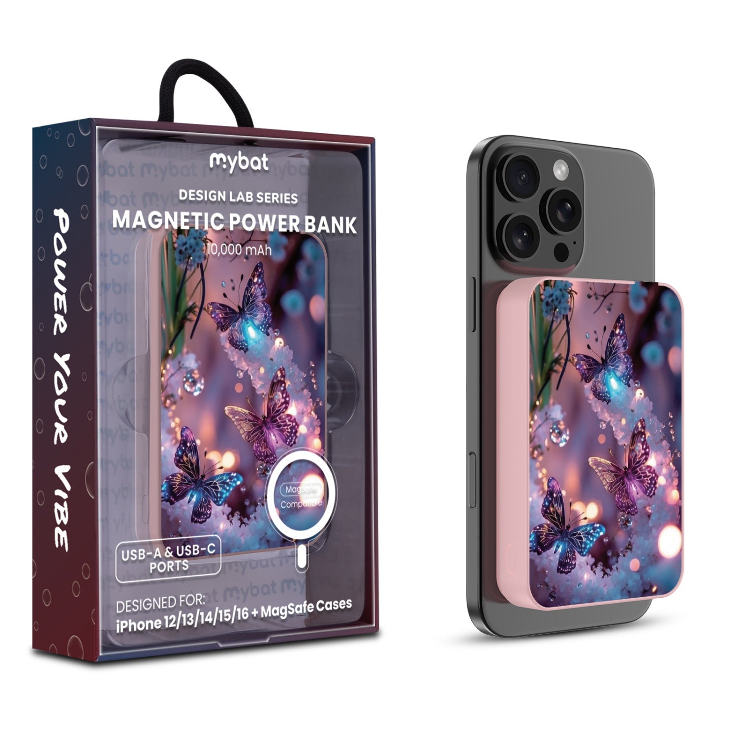 MyBat Design Lab 10000mAh Magnetic Wireless Power Bank - Pink - Magical Butterflies
