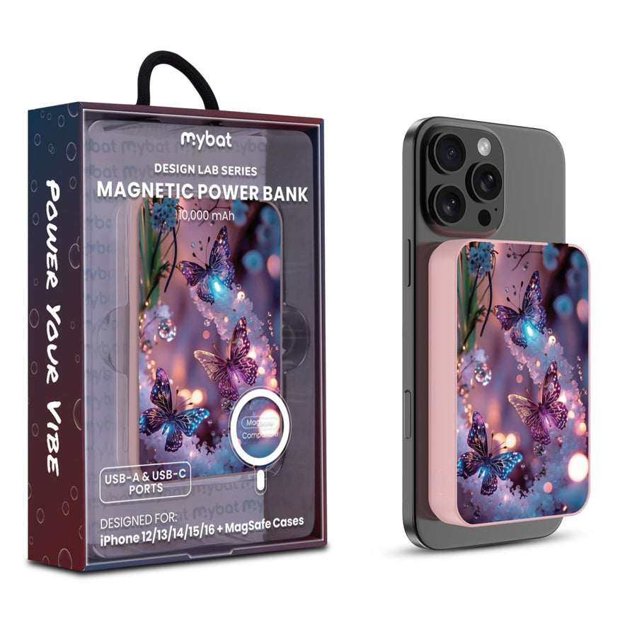 MyBat Design Lab 10000mAh Magnetic Wireless Power Bank - Pink - Magical Butterflies