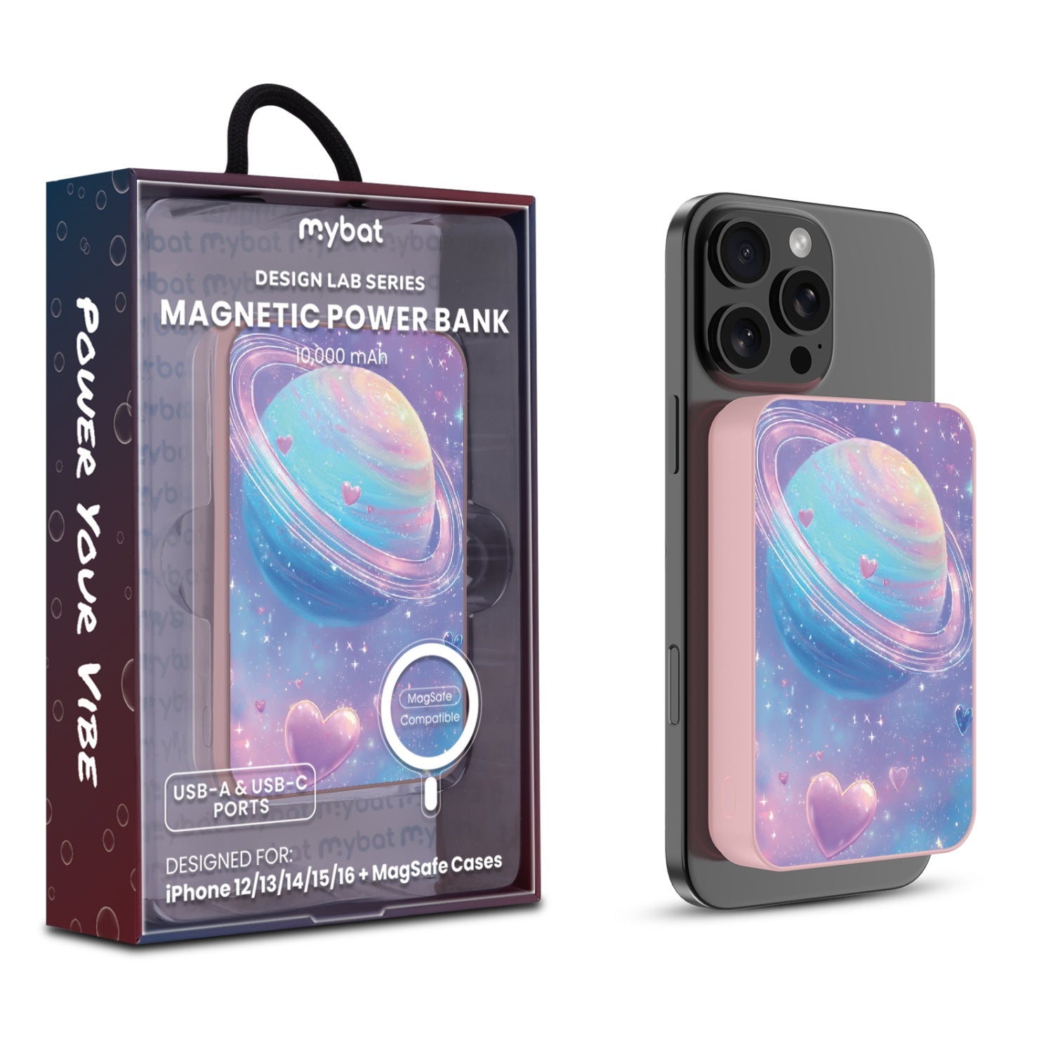 MyBat Design Lab 10000mAh Magnetic Wireless Power Bank - Pink - Planetary Love