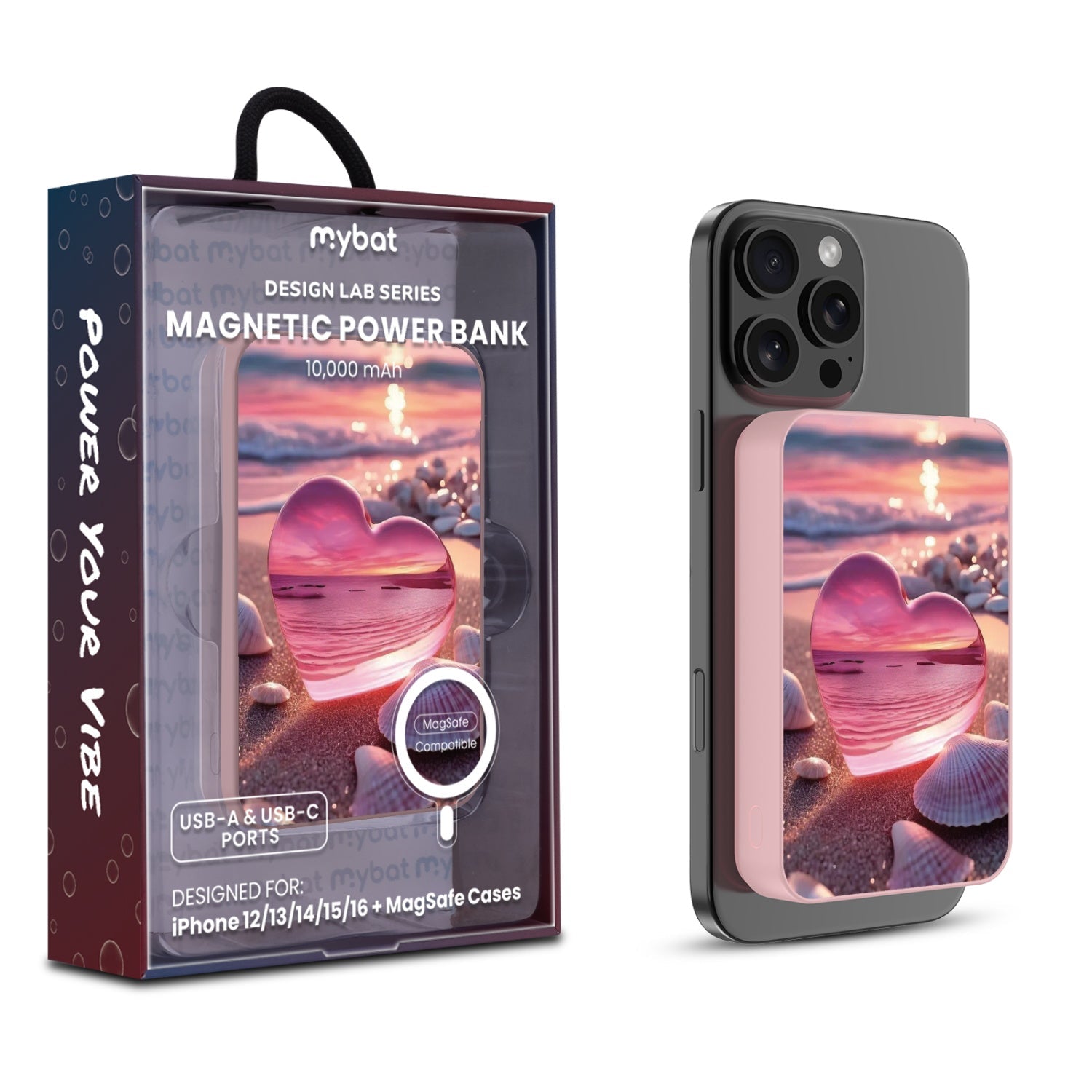 MyBat Design Lab 10000mAh Magnetic Wireless Power Bank - Pink - Sunset Beach Love