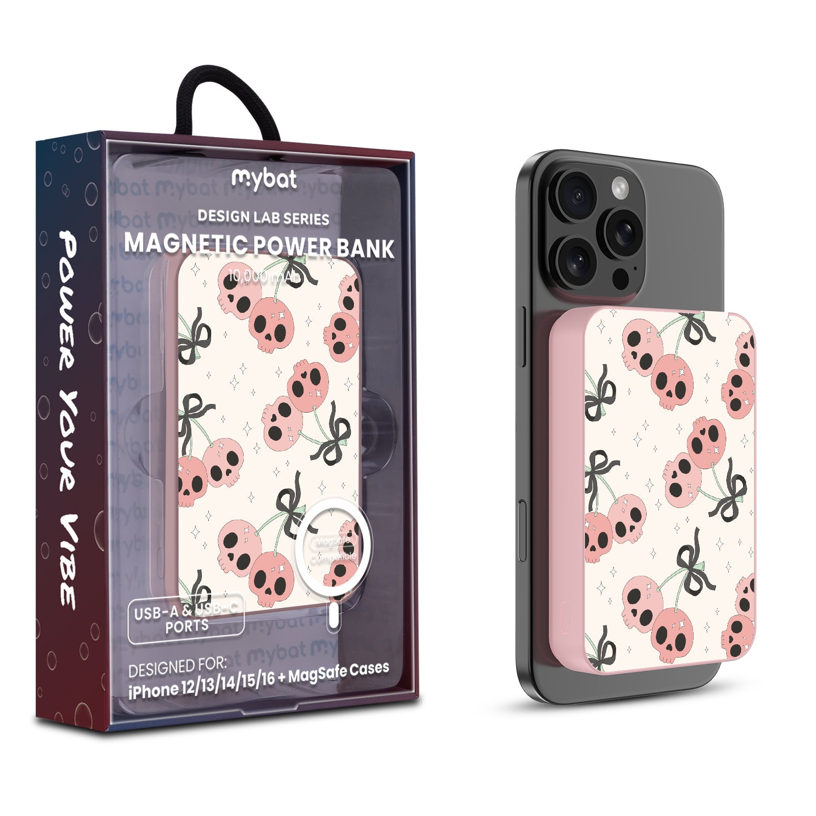 MyBat Design Lab 10000mAh Magnetic Wireless Power Bank - Pink - Cherry Skulls - MPBBAT143-PK-408-1.jpg