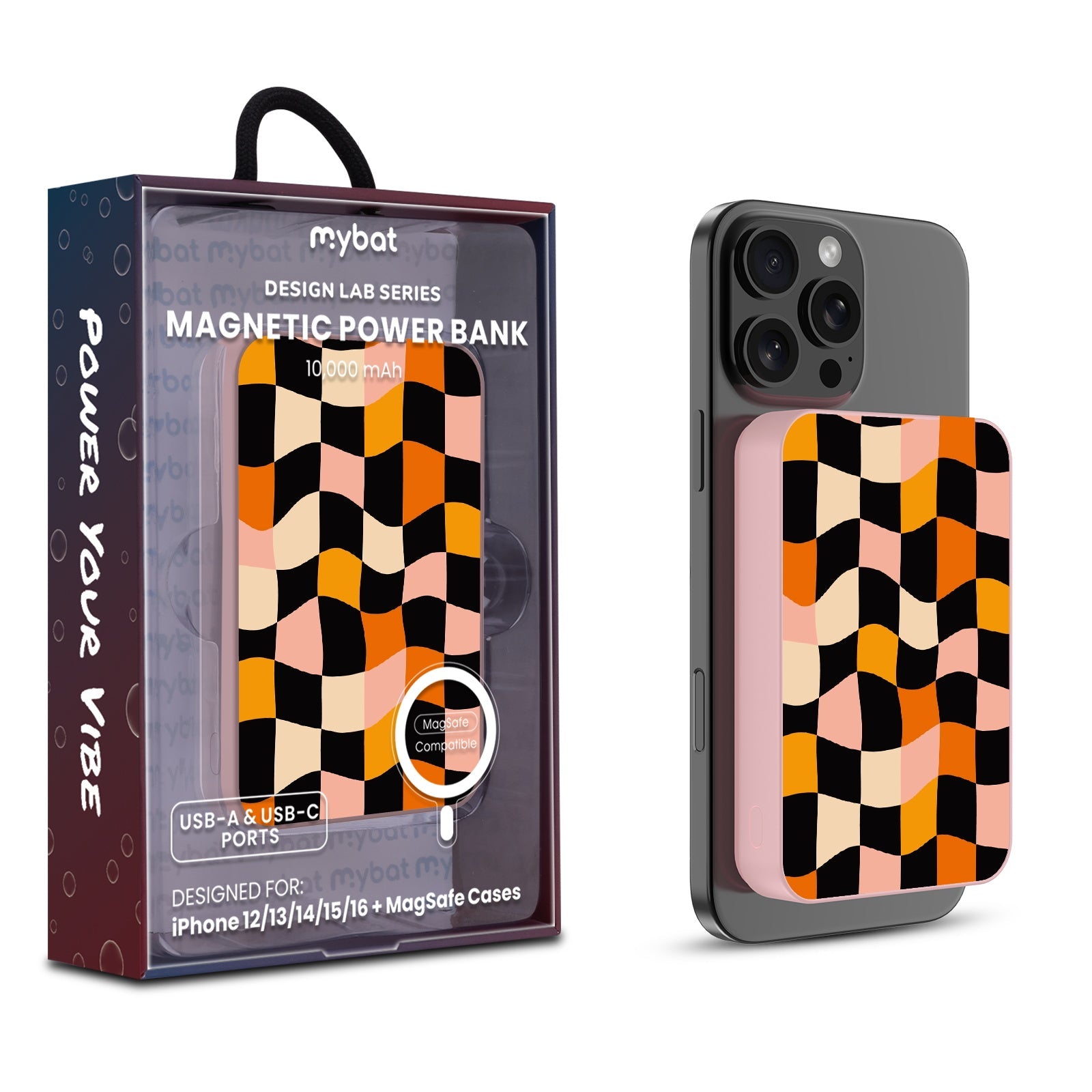 MyBat Design Lab 10000mAh Magnetic Wireless Power Bank - Pink - Groovy Check