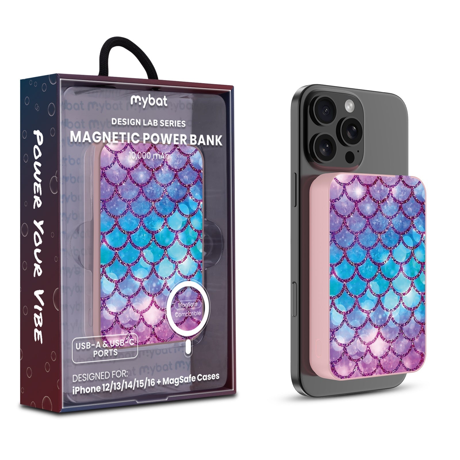 MyBat Design Lab 10000mAh Magnetic Wireless Power Bank - Pink - Mermaid Scales