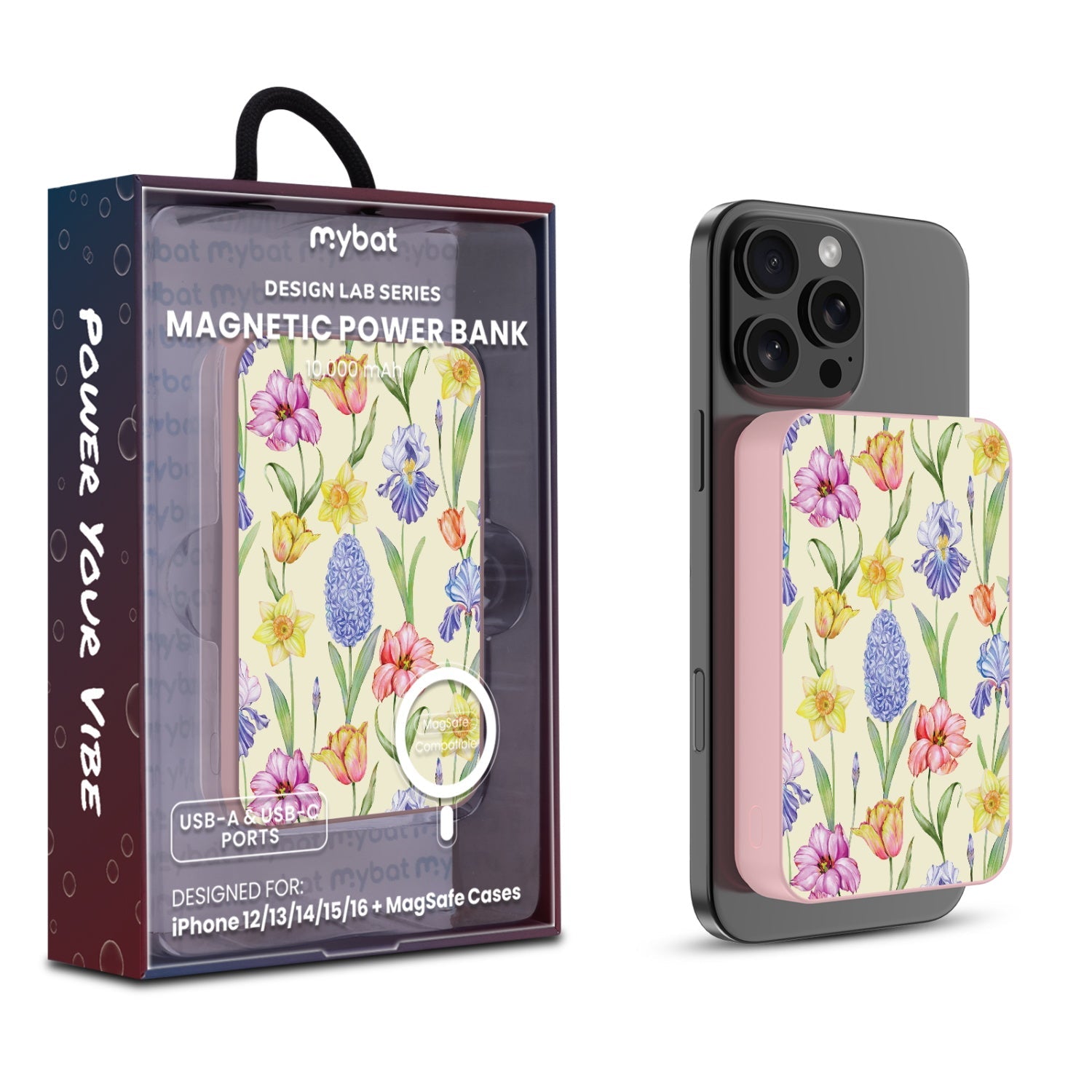 MyBat Design Lab 10000mAh Magnetic Wireless Power Bank - Pink - Spring Has Sprung
