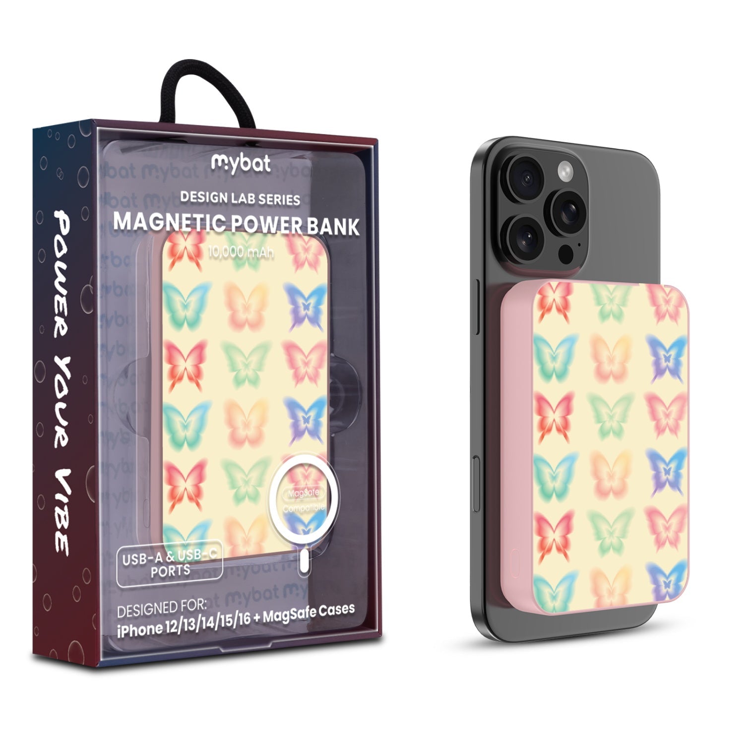 MyBat Design Lab 10000mAh Magnetic Wireless Power Bank - Pink - Technicolor Butterflies