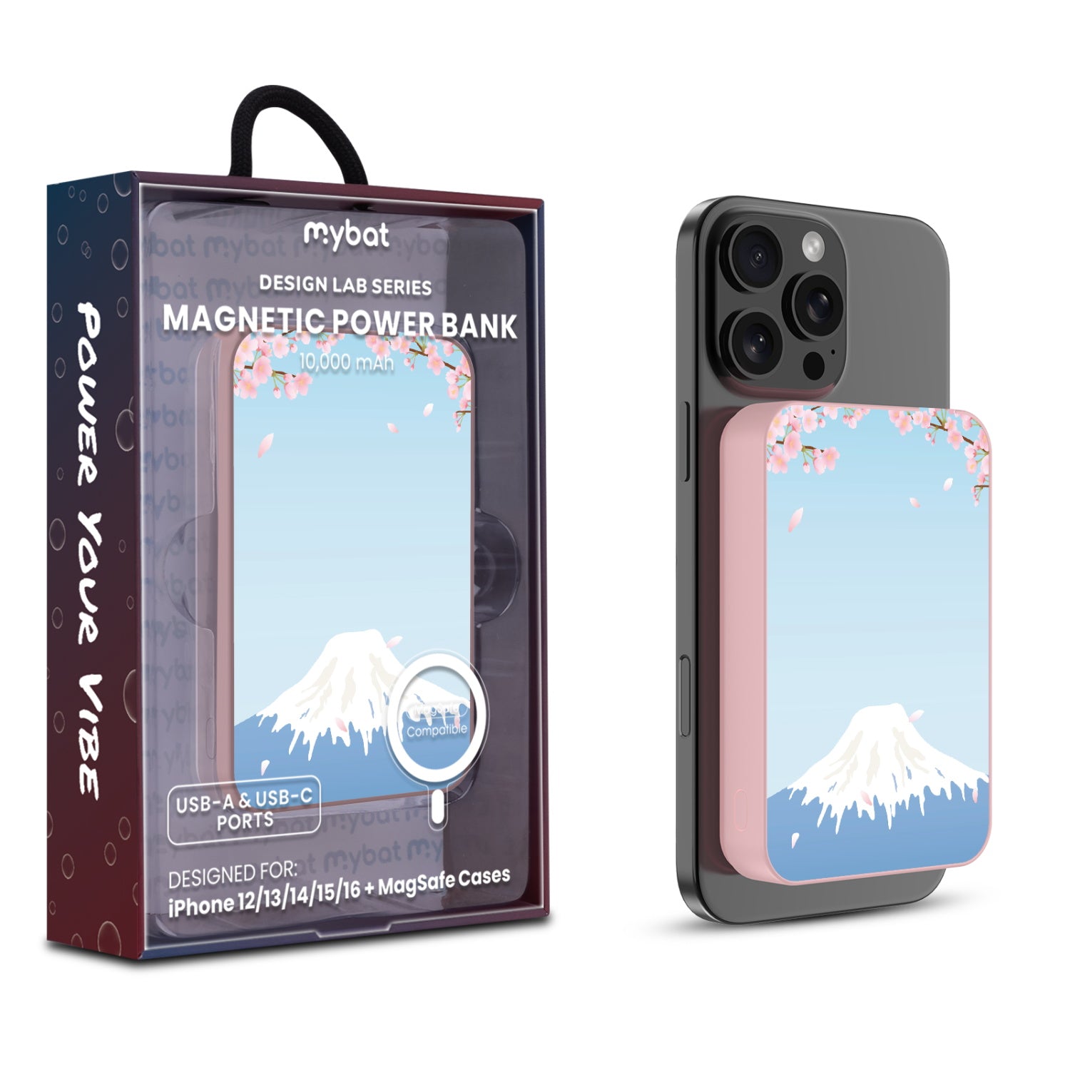 MyBat Design Lab 10000mAh Magnetic Wireless Power Bank - Pink - Fuji Blossoms - MPBBAT143-PK-492-1.jpg