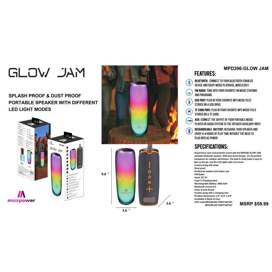 MaxPower Glow Jam 9.8" Portable Light Up Speaker With Different Led Light Modes - Black - MPD396-BK-5.jpg