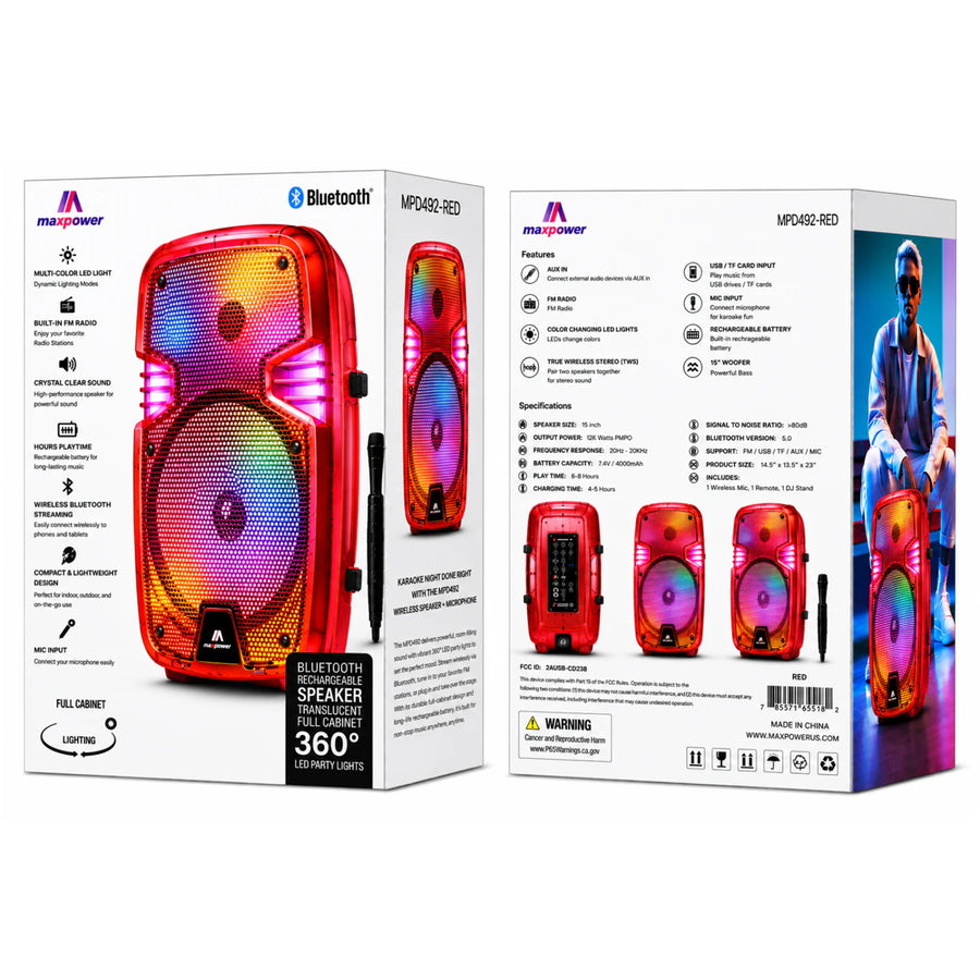 Maxpower 8" Full-Body Translucent Led Light Show Karaoke Bluetooth Speaker With Mic - Red - MPD492-RD-20.JPG