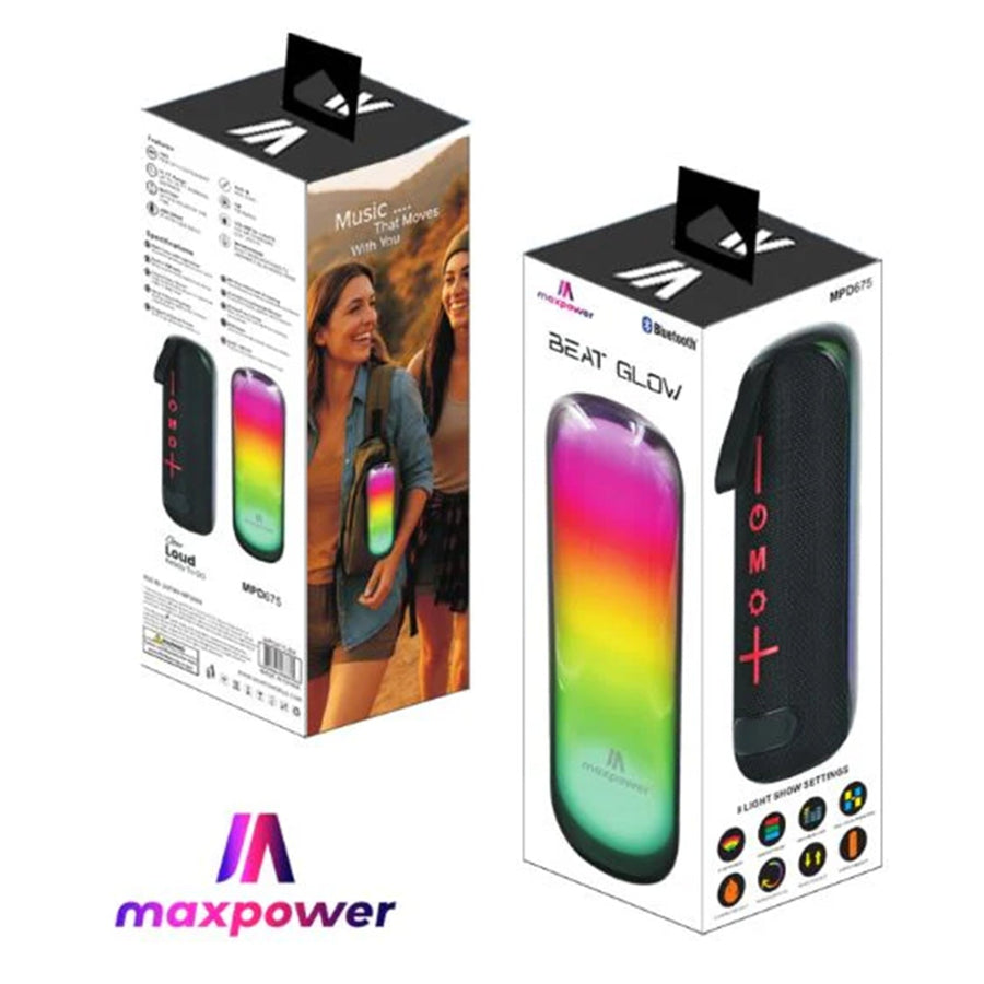 MaxPower Beat Glow Portable Bluetooth Speaker with Water Resistance, Different LED Lights,  and Dust Proof - Black