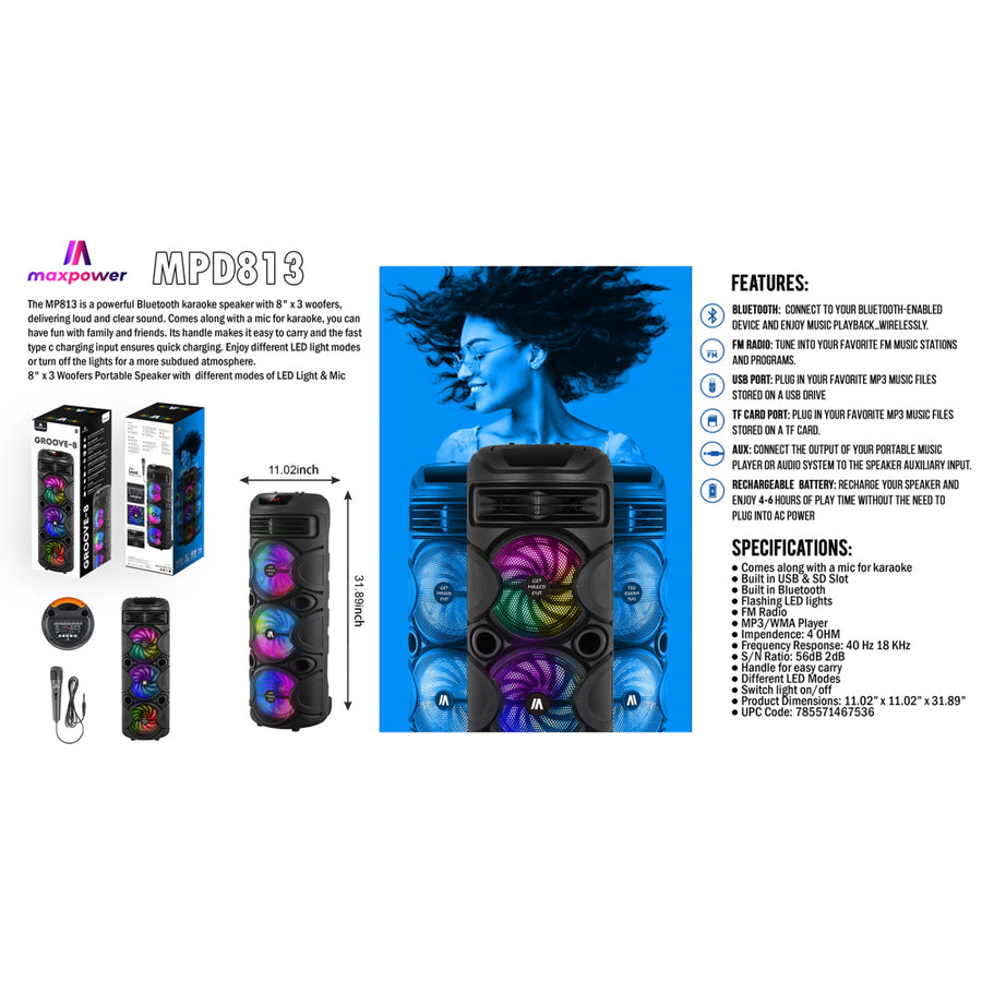 MaxPower 32" Tall Groove 8" X 3 Woofers Karaoke Bluetooth Speakers With Mic & Flashing LED Lights - Black - MPD813-7.jpg