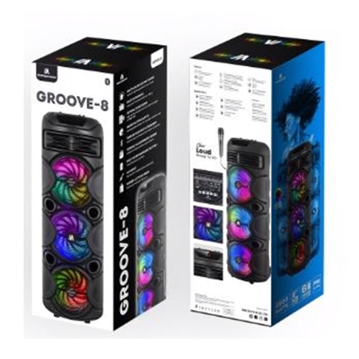 MaxPower 32" Tall Groove 8" X 3 Woofers Karaoke Bluetooth Speakers With Mic & Flashing LED Lights - Black
