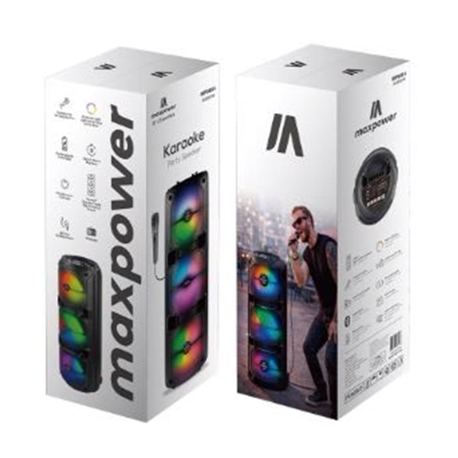 MaxPower 32" Tall  8" X 3 Woofers Karaoke Bluetooth Speakers With Mic & Flashing LED Lights - Black
