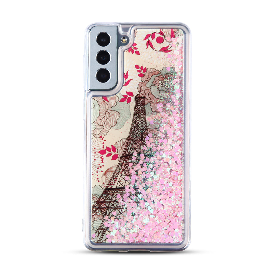 MyBat Quicksand Glitter Hybrid Protector Cover for Samsung Galaxy S21 Plus - Eiffel Tower & Pink Hearts - MSS21PCSGTMM014-3.jpg