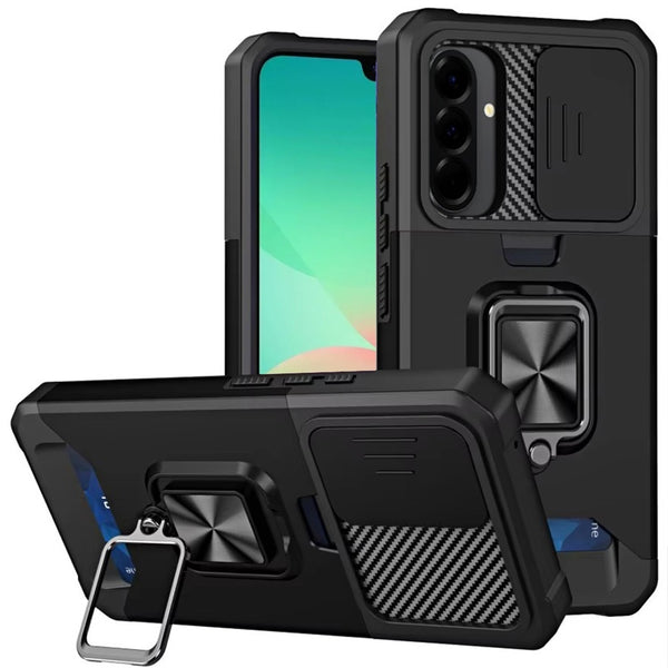 Multi-Functional Card Magnetic Ring Stand Hybrid Camera Case Cover For Samsung Galaxy A27 - Black - QBCRCM-A27-BK.jpg