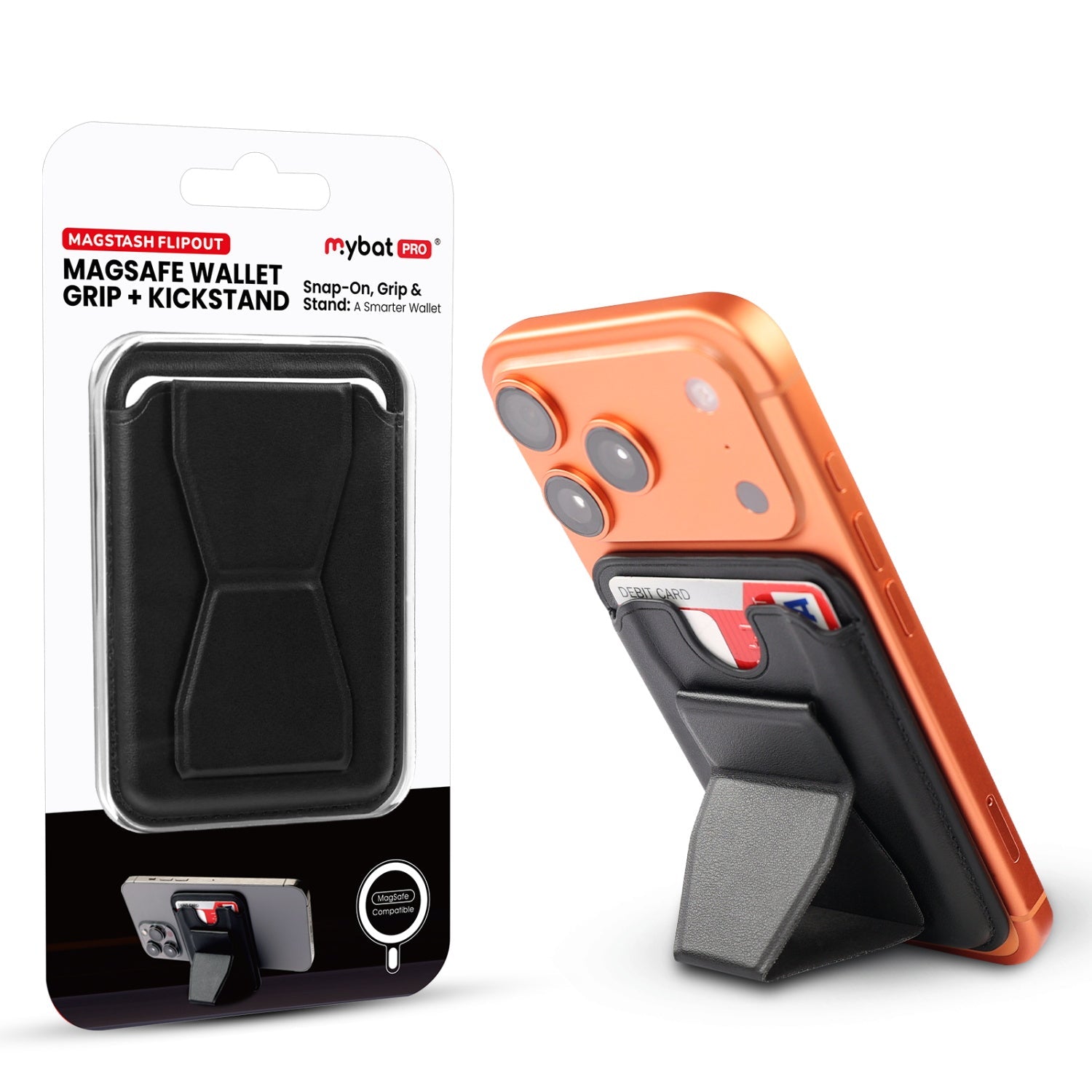MyBat Pro MagStash FlipOut MagSafe Wallet Grip + Kickstand - Black