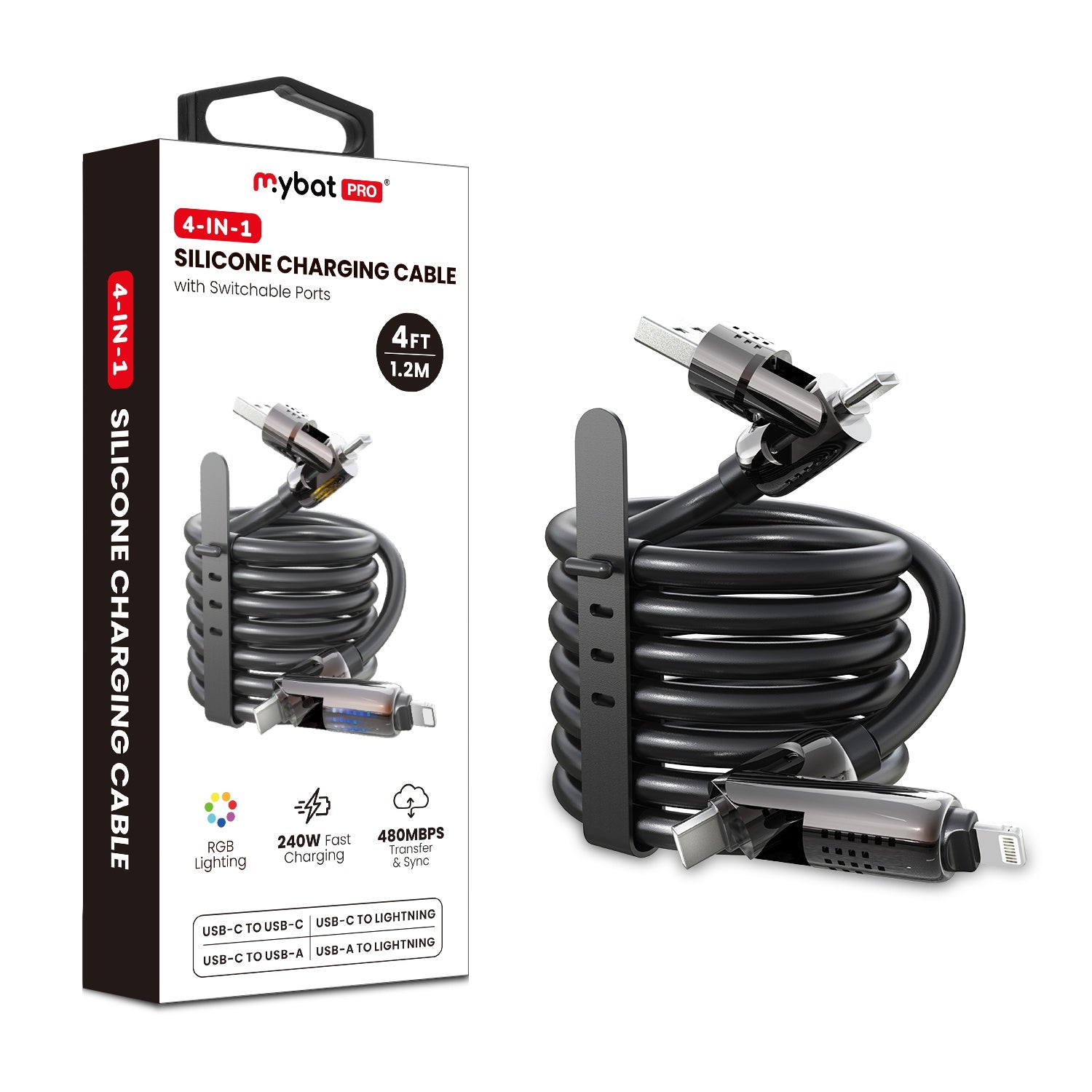 MyBat Pro 240W 4-in-1 Silicone Charging Cable w/ RGB Lights - 4FT - Black