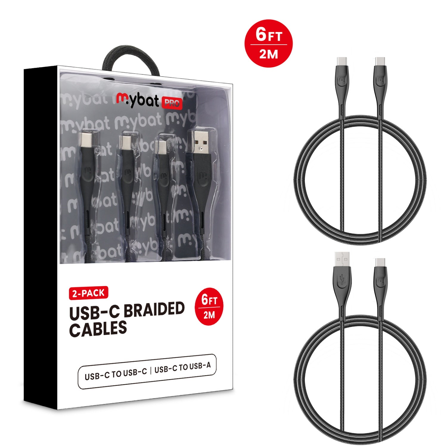 MyBat Pro USB-C Braided Charging Cable Bundle - 2 Pack - Black
