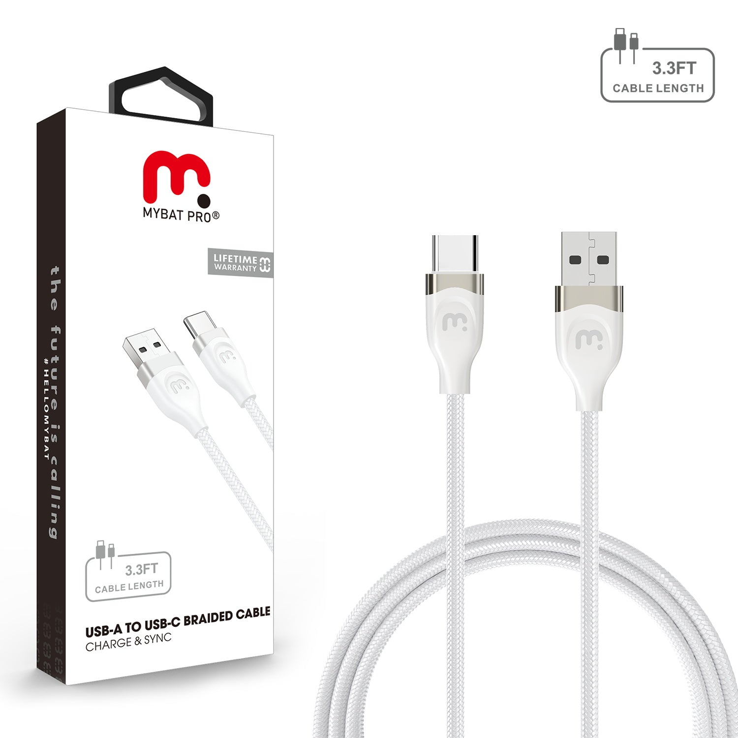 MyBat Pro USB-A to USB-C Braided Cable - 3FT - White