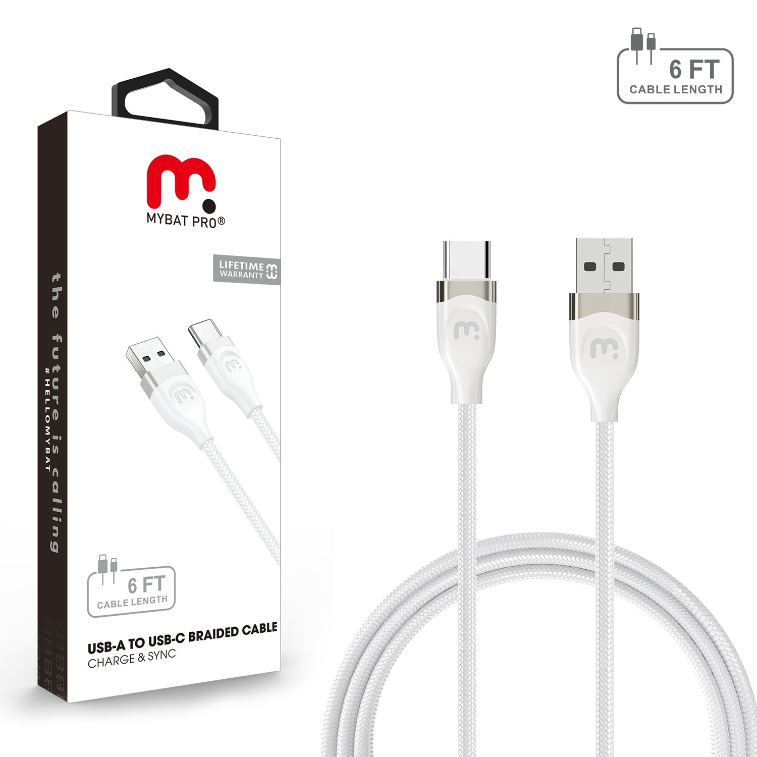 MyBat Pro USB-A to USB-C Braided Cable - 6FT - White