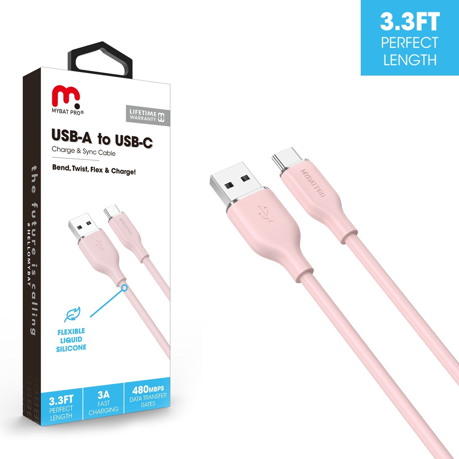 MyBat Pro USB-A to USB-C Liquid Silicone Cable - 3FT - Pink