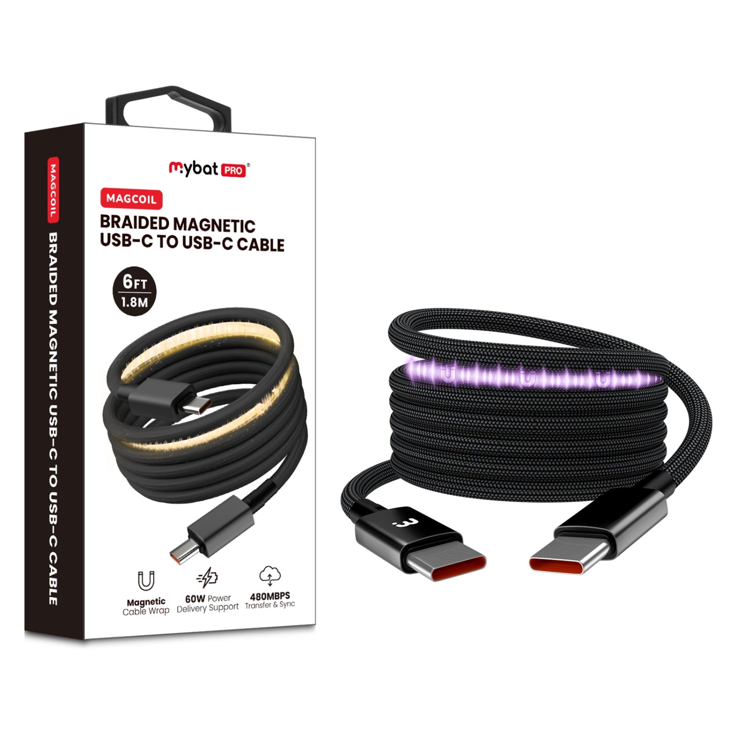 MyBat Pro MagCoil USB-C to USB-C Braided Magnetic Cable - 6FT - Black