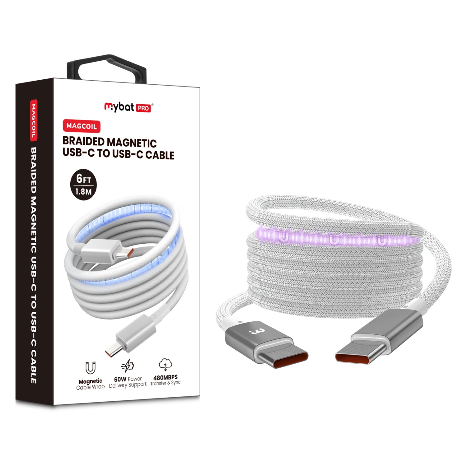 MyBat Pro MagCoil USB-C to USB-C Braided Magnetic Cable - 6FT - White