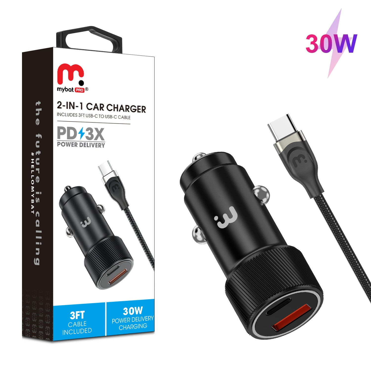 MyBat Pro 2-in-1 Dual Port Quick Power Delivery Car Charger (30W) With USB-C Cable- Black