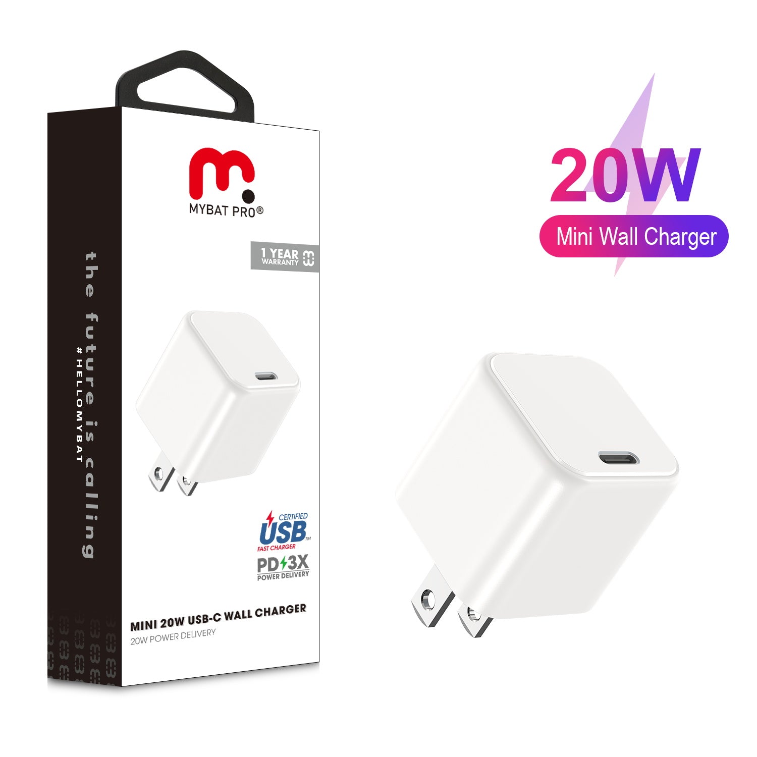 MyBat Pro Fast Charging Mini Wall Charger for USB-C Power Delivery (20W) - White