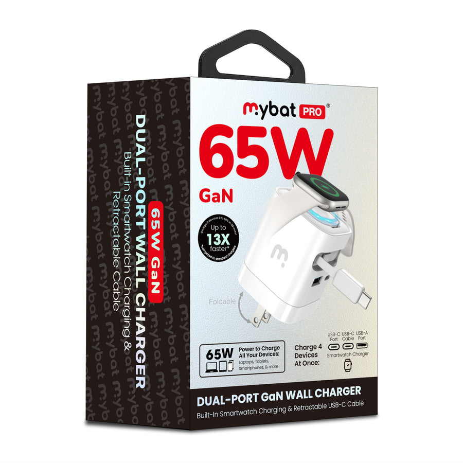 MyBat Pro 65W Dual-Port GaN Wall Charger + Built-In Smartwatch Charging & Retractable USB-C Cable - White - RCGTRAC41PW-4.jpg