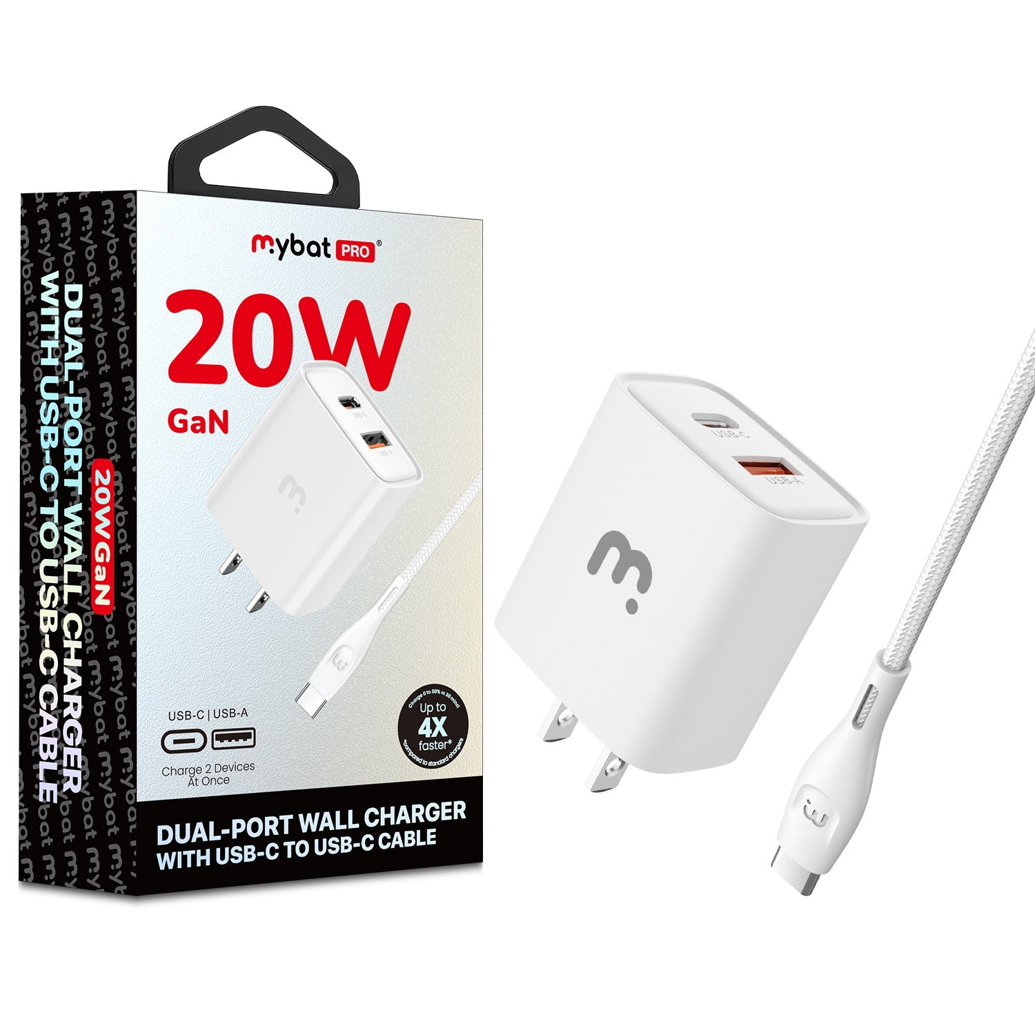 MyBat Pro 20W Dual-Port Wall Charger w/ USB-C to USB-C Cable - White