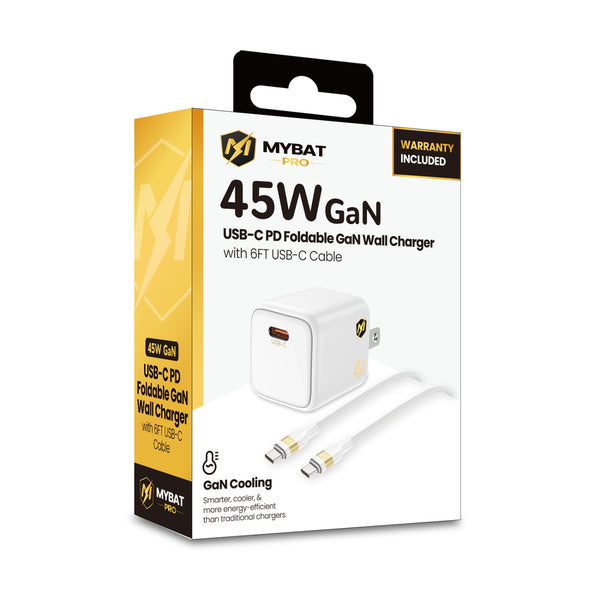 MYBAT PRO 45W USB-C PD Foldable GaN Wall Charger with 6FT USB-C Cable - White - RCGTRACCMO16PW-1.JPG