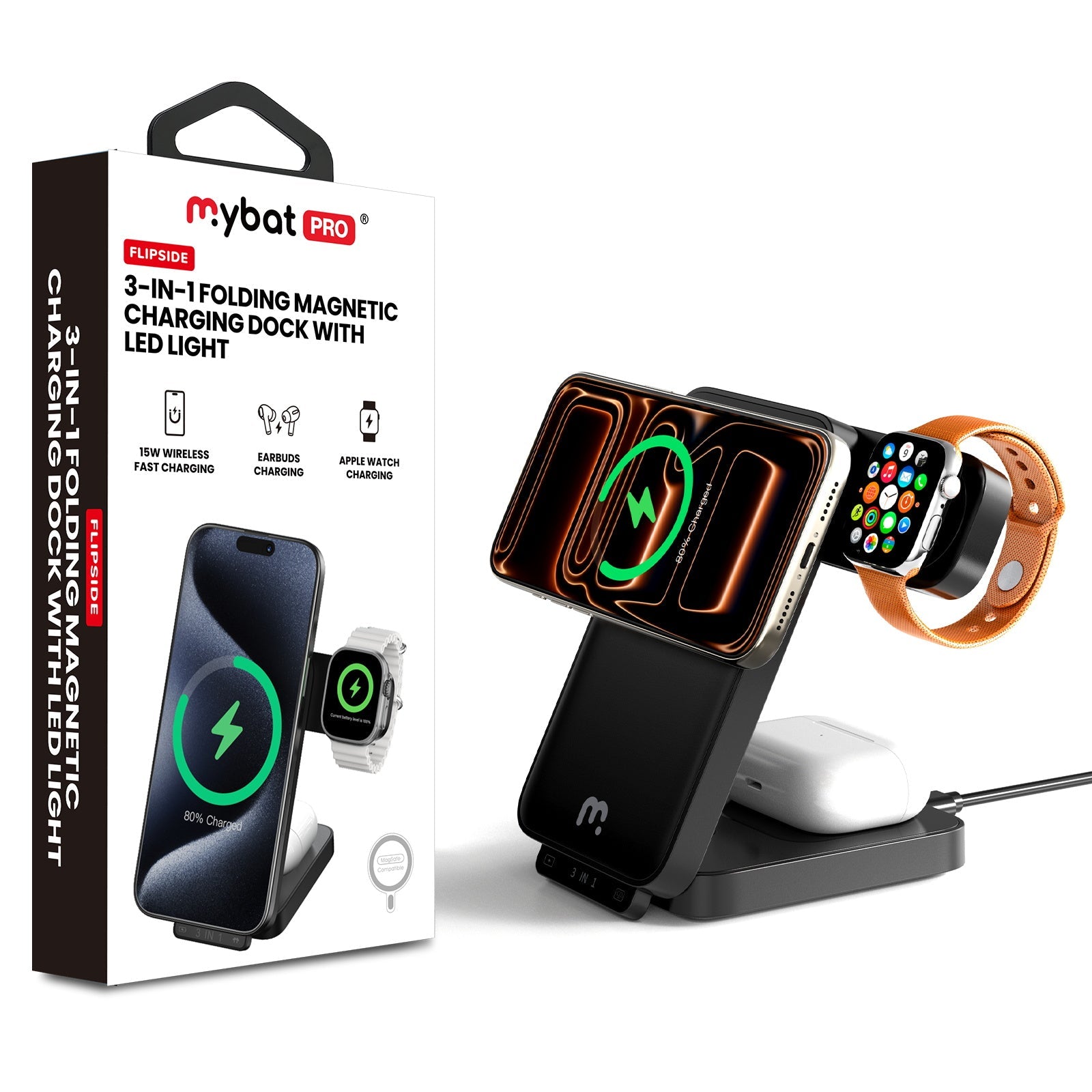 MyBat Pro FlipSide 3-in-1 Folding Magnetic Charging Dock with LED Light - Black