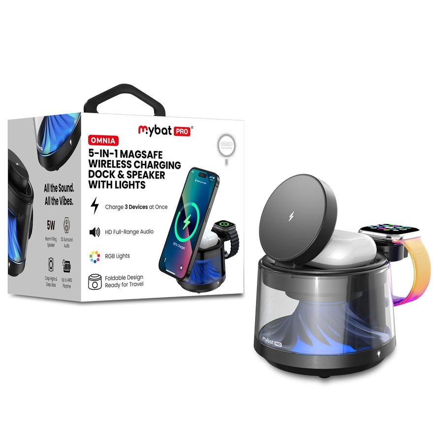 MyBat Pro Omnia 5-in-1 MagSafe Wireless Charging Dock and Speaker w/ Lights - Black