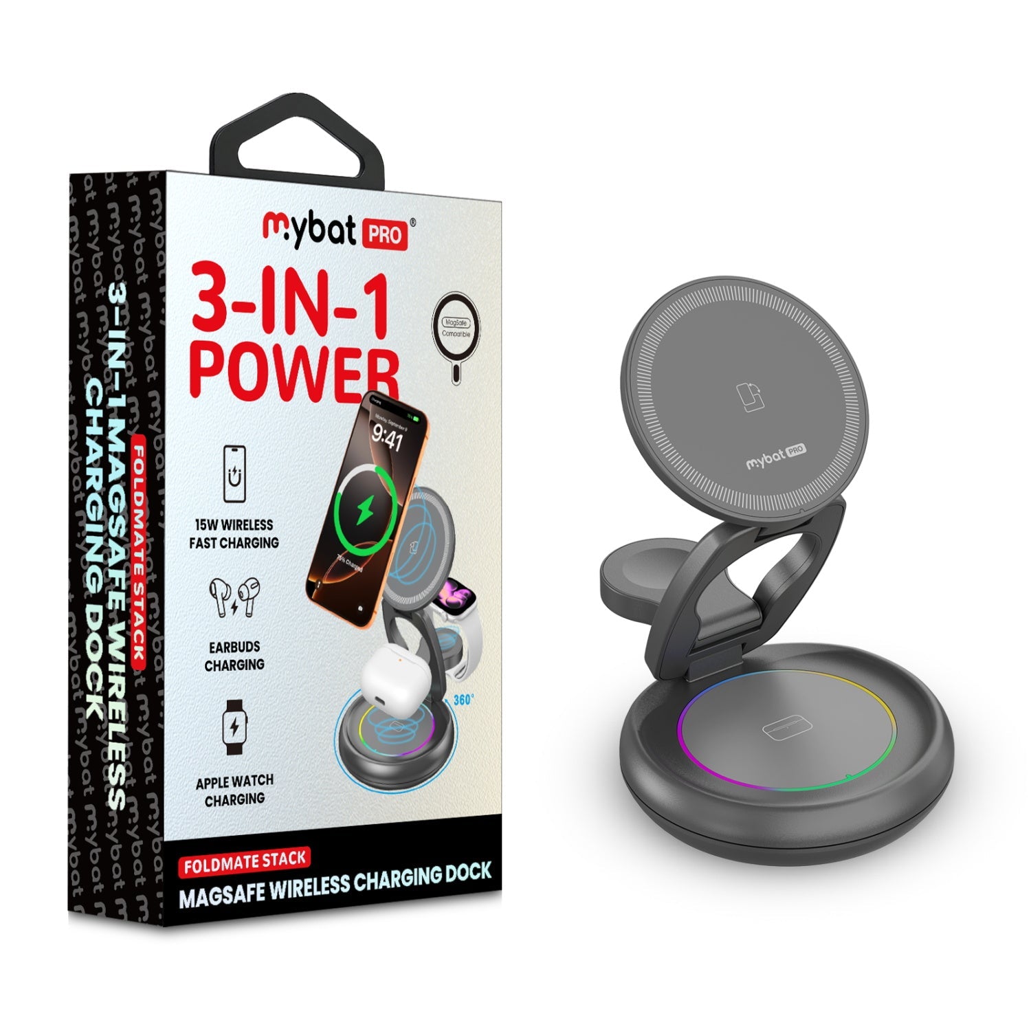 MyBat Pro 3-in-1 FoldMate Stack Wireless Charging Dock - Black