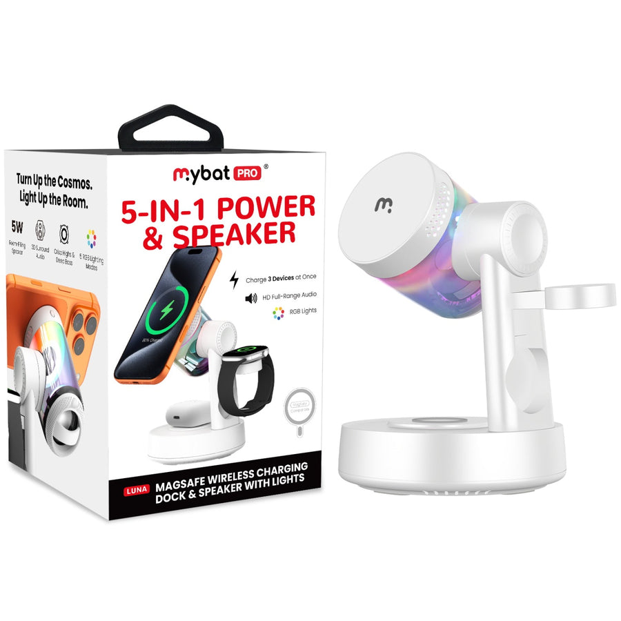 MyBat Pro Luna 5-in-1 MagSafe Wireless Charging Dock & Speaker with Lights - White